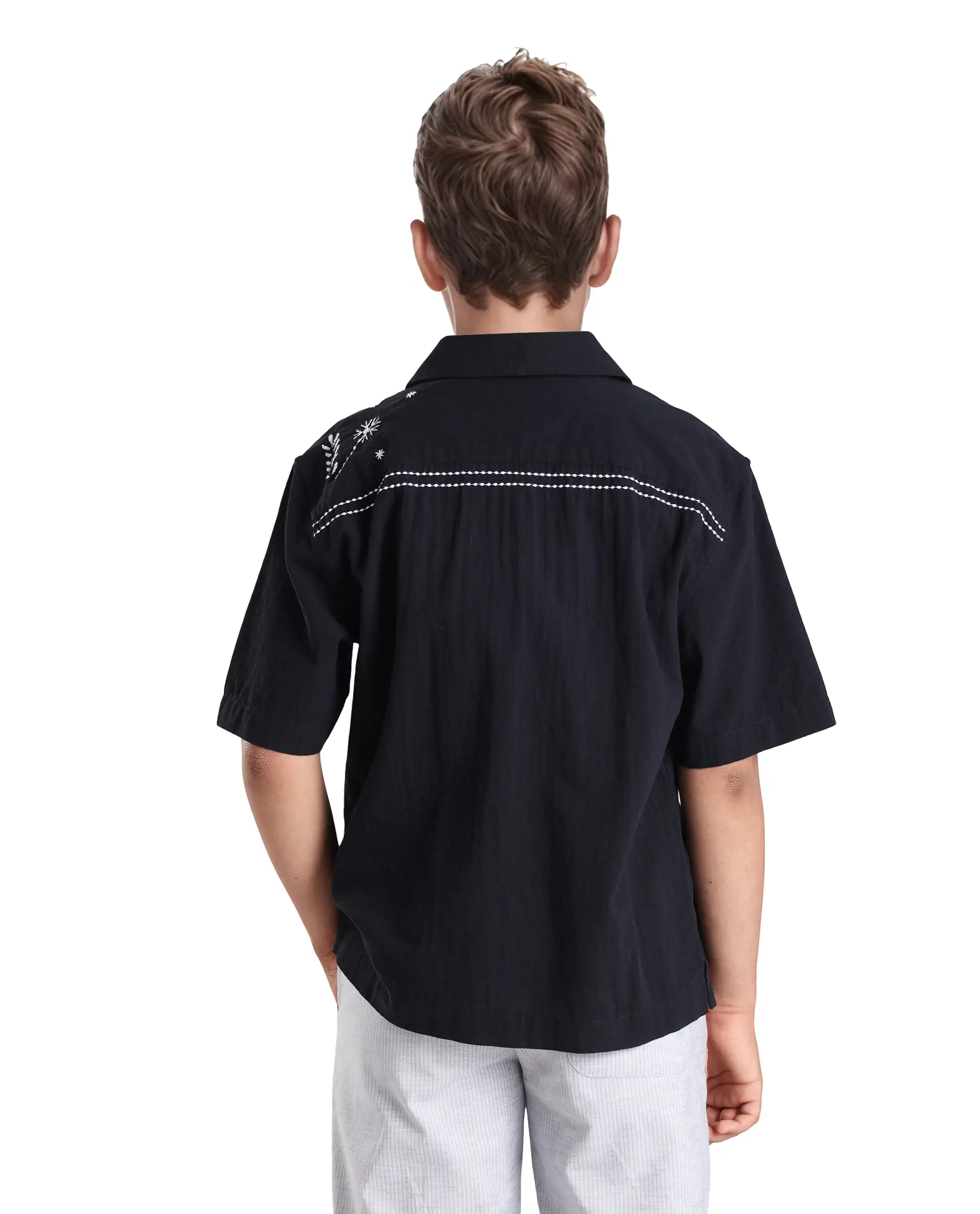 Rare Ones Kids Foke Black Cotton Blend Embroidered Button Closure Regular Fit Shirt - Image 8
