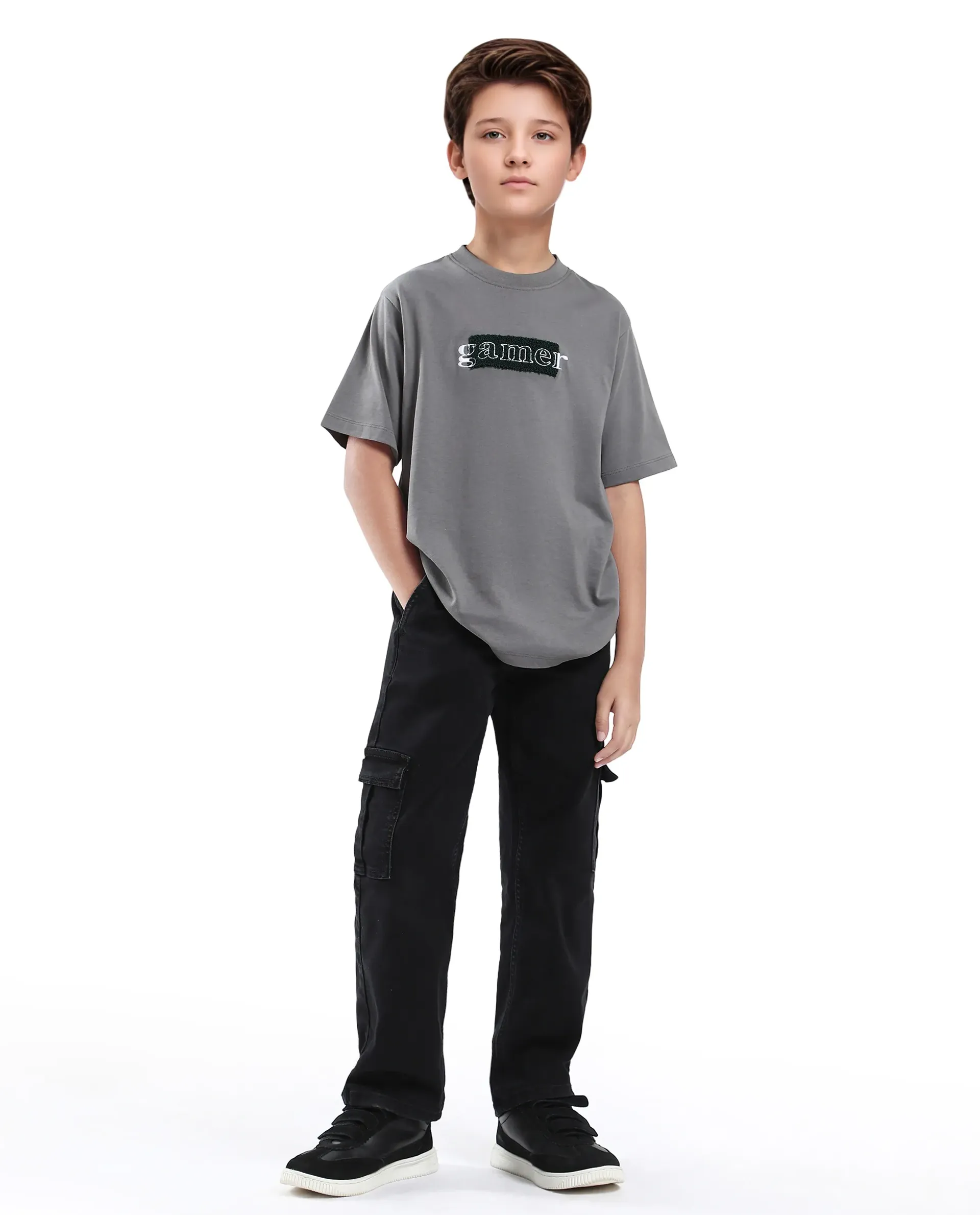 Rare Ones Kids Gamer Grey Cotton Embroidered Slip-On Regular Fit T-Shirt - Image 2