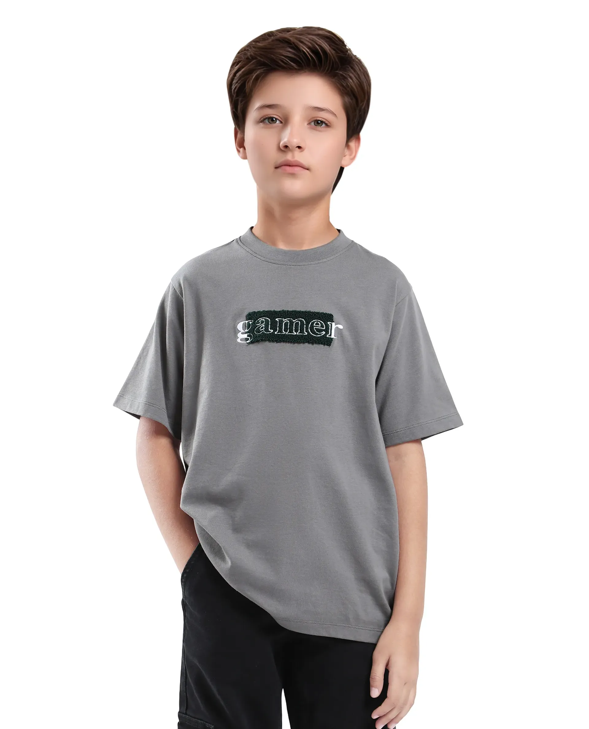 Rare Ones Kids Gamer Grey Cotton Embroidered Slip-On Regular Fit T-Shirt - Image 3