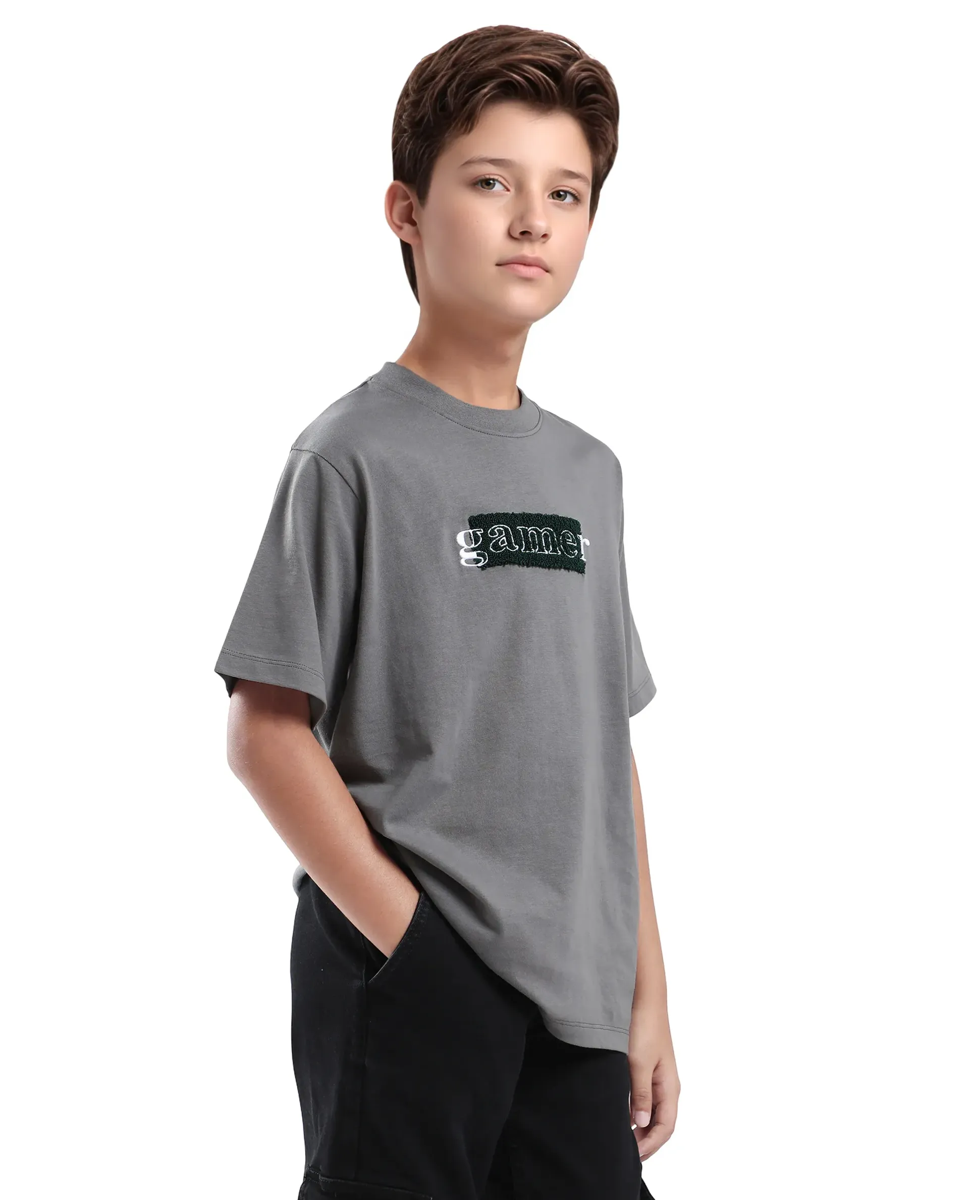 Rare Ones Kids Gamer Grey Cotton Embroidered Slip-On Regular Fit T-Shirt - Image 5