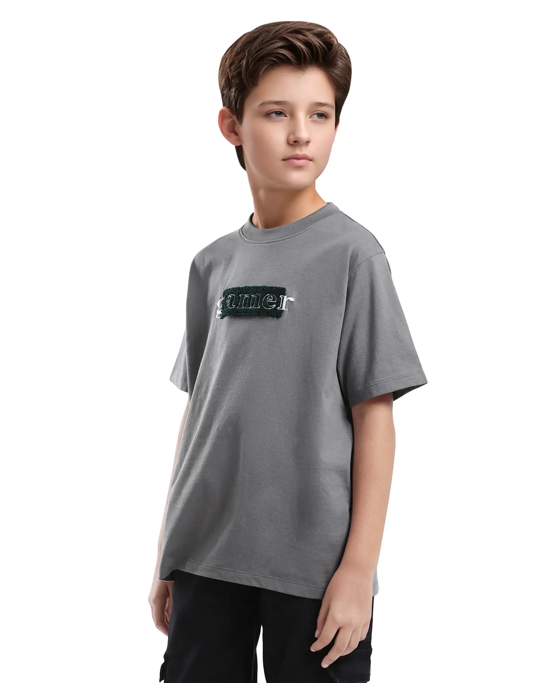 Rare Ones Kids Gamer Grey Cotton Embroidered Slip-On Regular Fit T-Shirt - Image 6