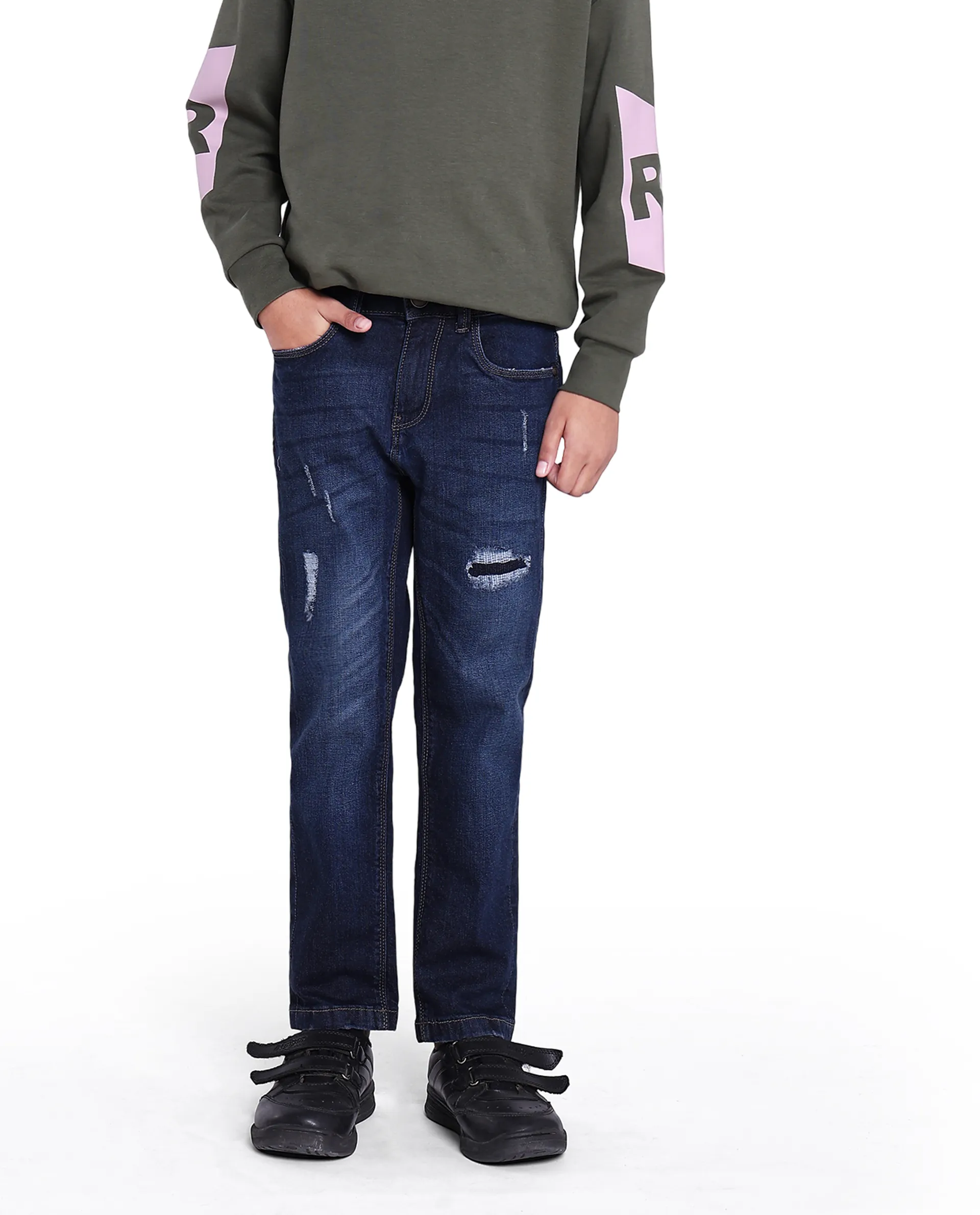 Rare Ones Kids Glor Blue Solid Slim Fit Denim Pant - Image 2