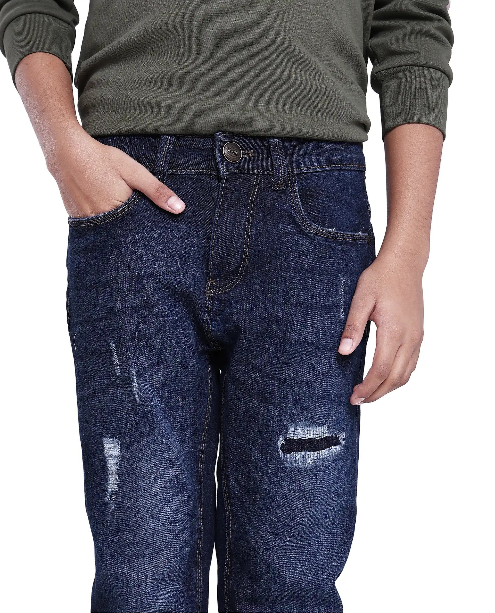 Rare Ones Kids Glor Blue Solid Slim Fit Denim Pant - Image 3