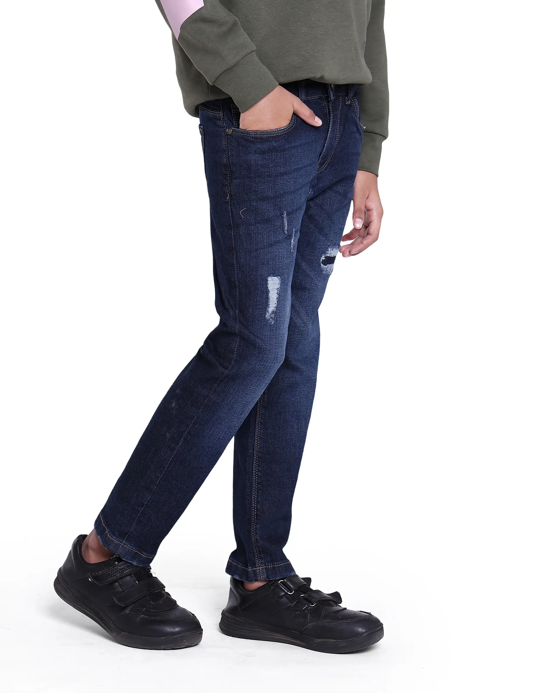 Rare Ones Kids Glor Blue Solid Slim Fit Denim Pant - Image 5