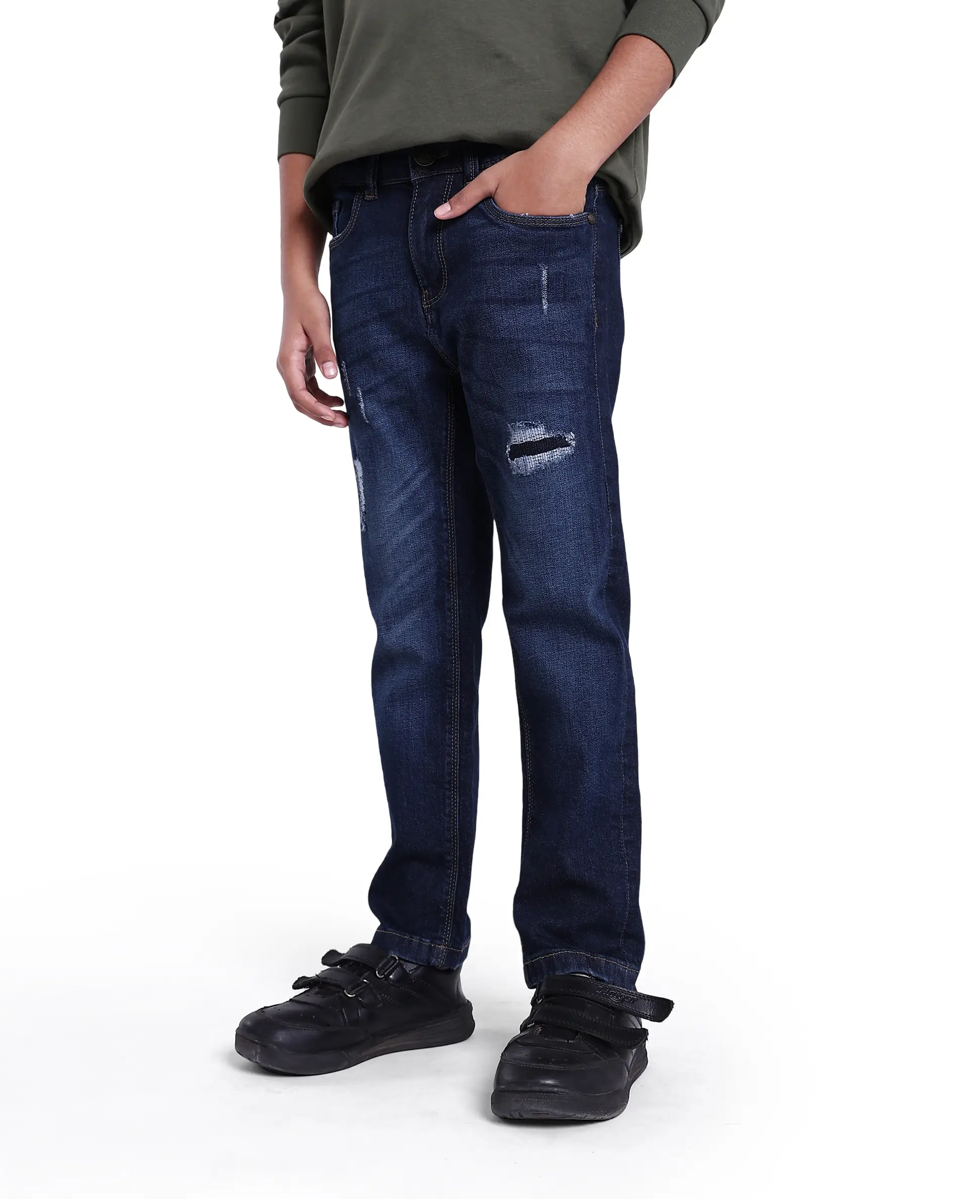 Rare Ones Kids Glor Blue Solid Slim Fit Denim Pant - Image 7