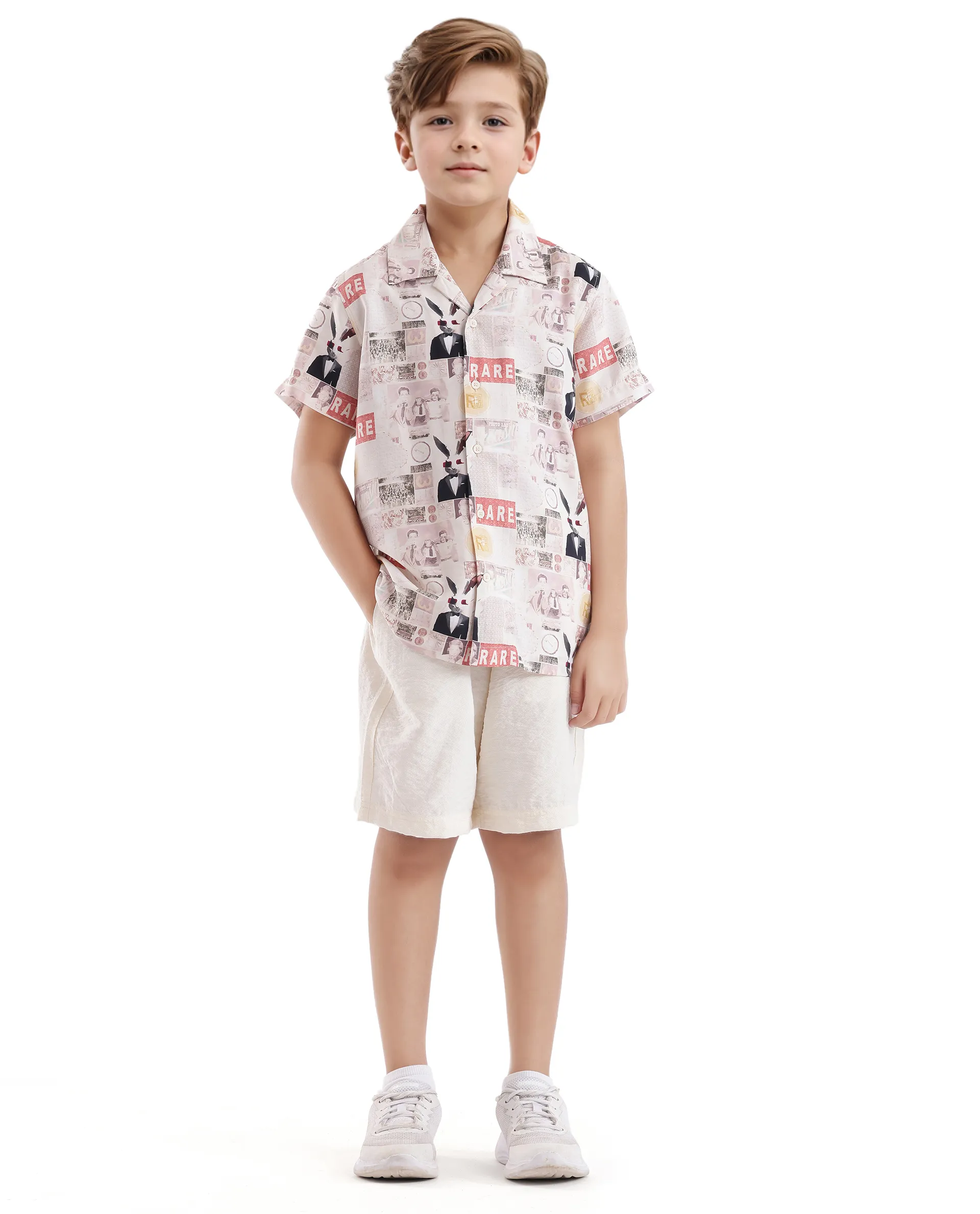 Rare Ones Kids Hage Beige Viscose Half Sleeve Cuban Collar Printed Shirt - Image 2