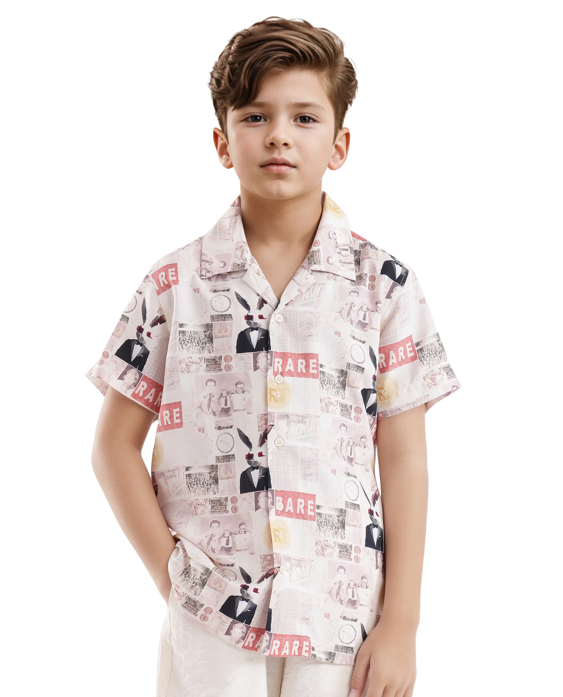 Rare Ones Kids Hage Beige Viscose Half Sleeve Cuban Collar Printed Shirt - Image 3