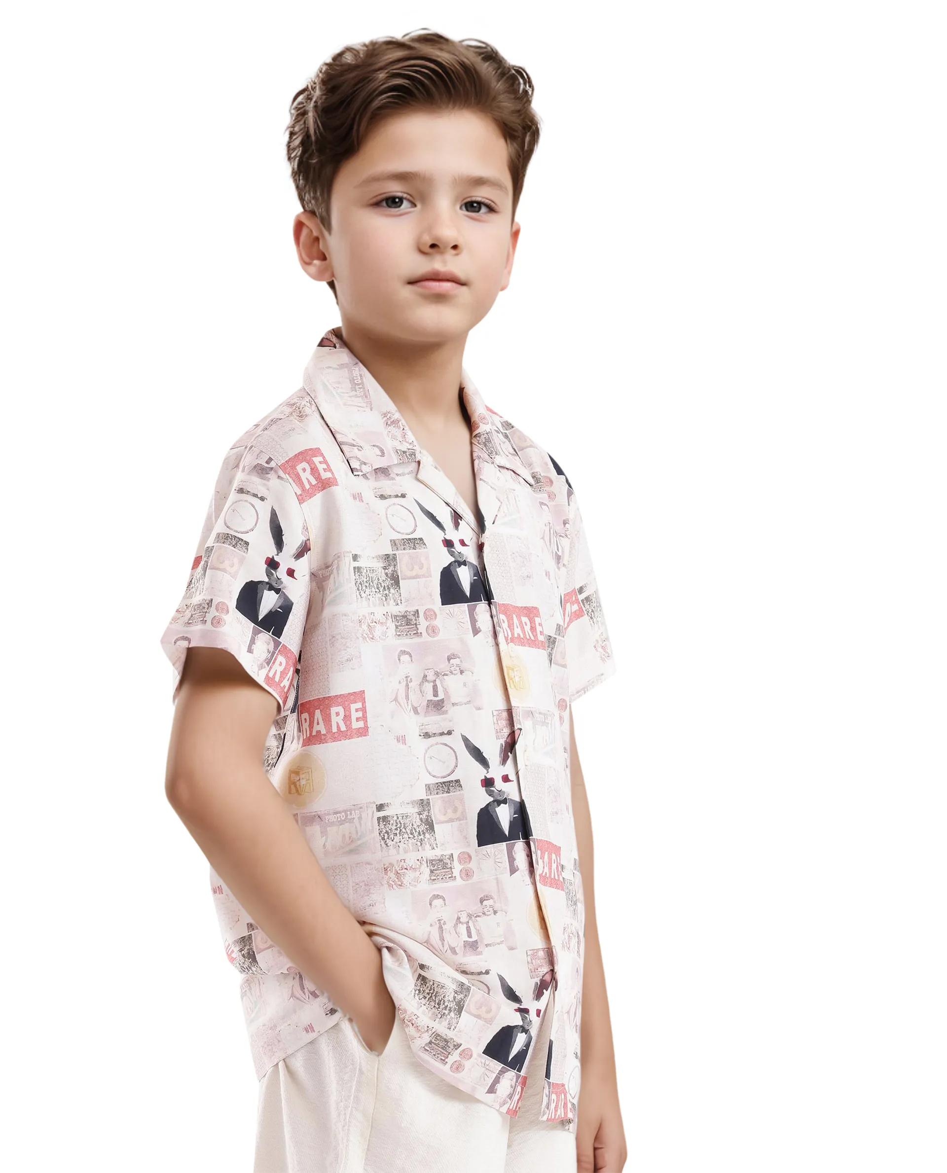 Rare Ones Kids Hage Beige Viscose Half Sleeve Cuban Collar Printed Shirt - Image 4