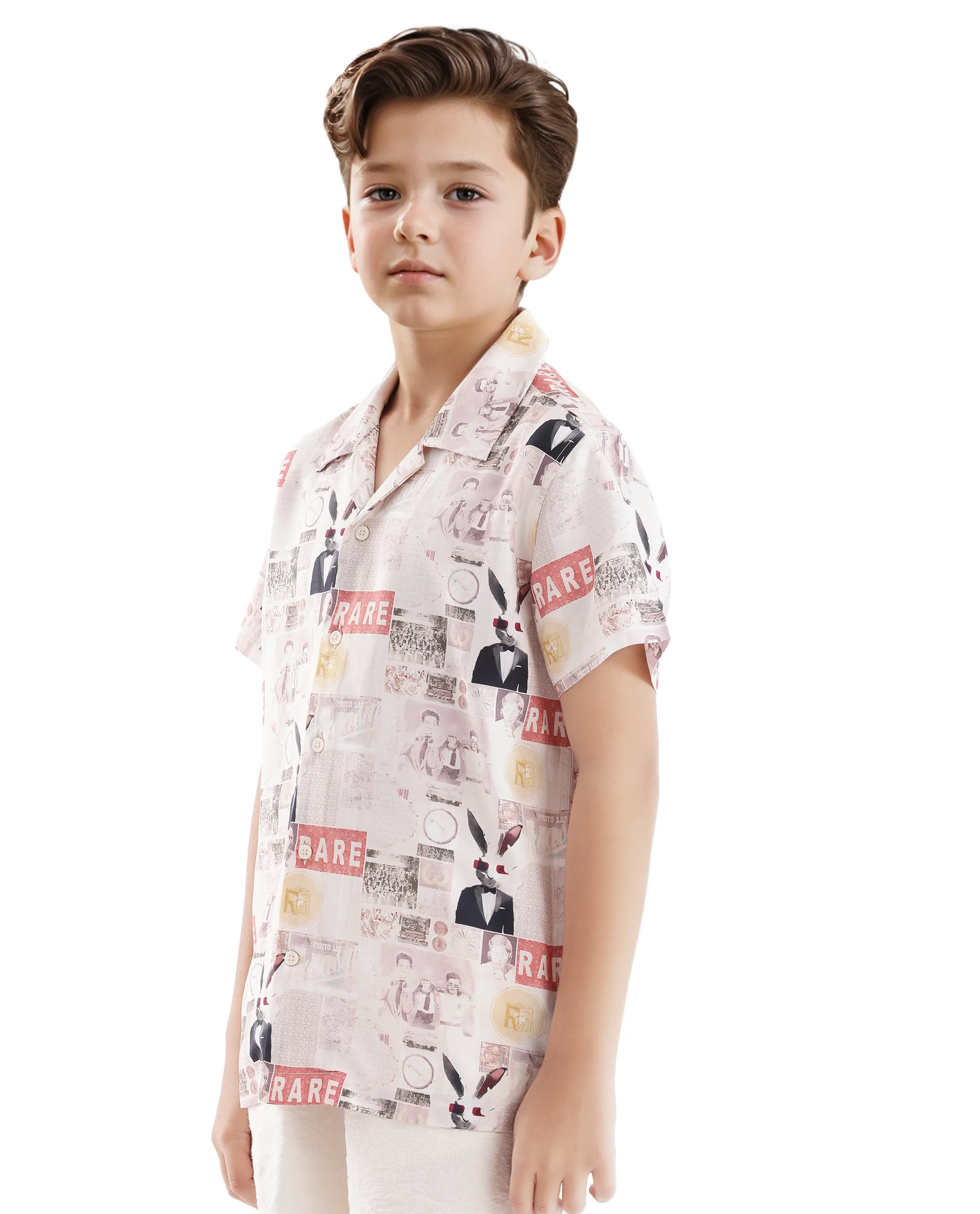 Rare Ones Kids Hage Beige Viscose Half Sleeve Cuban Collar Printed Shirt - Image 5