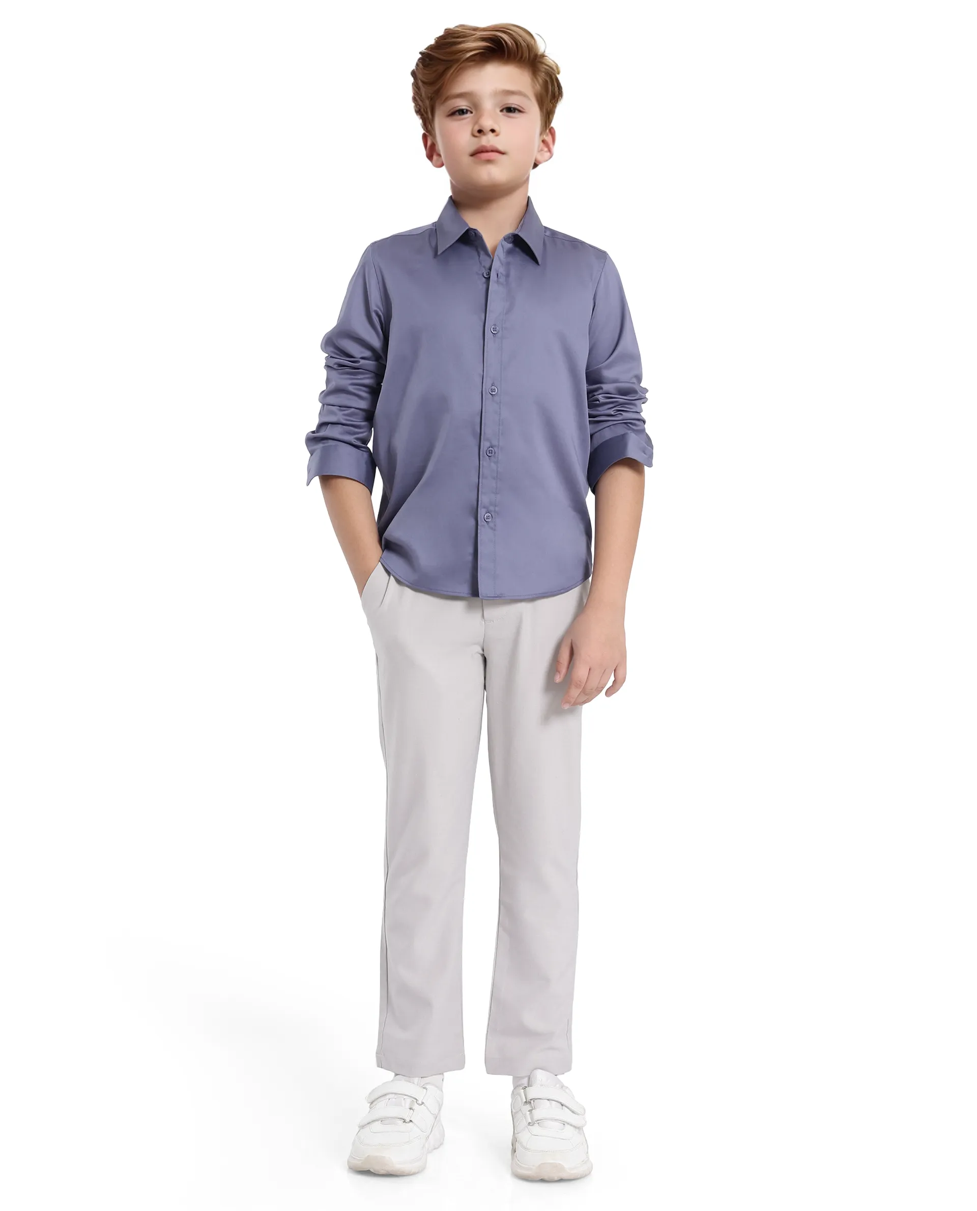 Rare Ones Kids Holo Dusky Purple Cotton Blend Full Sleeve Button Solid Regular Fit Shirt - Image 2