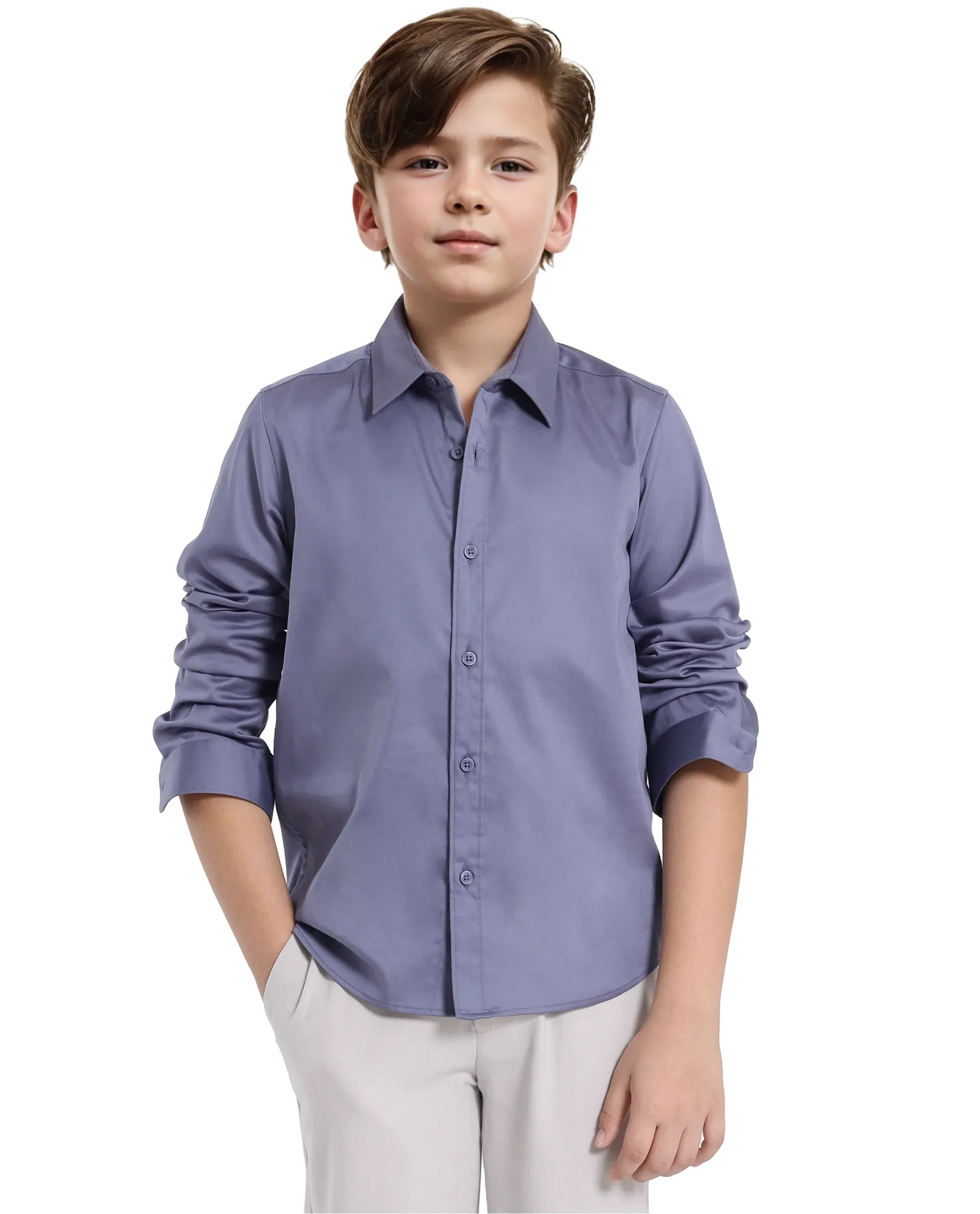 Rare Ones Kids Holo Dusky Purple Cotton Blend Full Sleeve Button Solid Regular Fit Shirt - Image 3