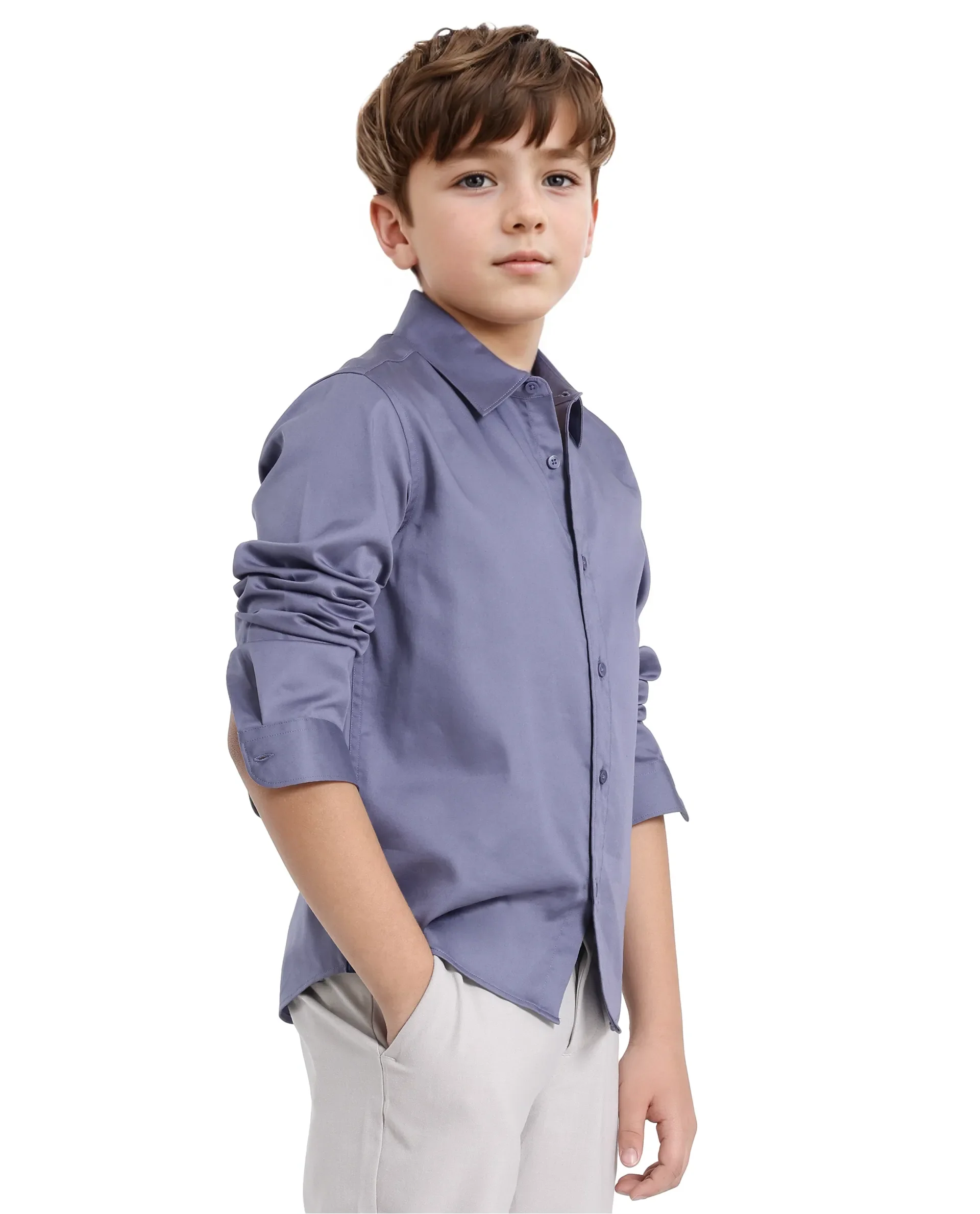 Rare Ones Kids Holo Dusky Purple Cotton Blend Full Sleeve Button Solid Regular Fit Shirt - Image 7