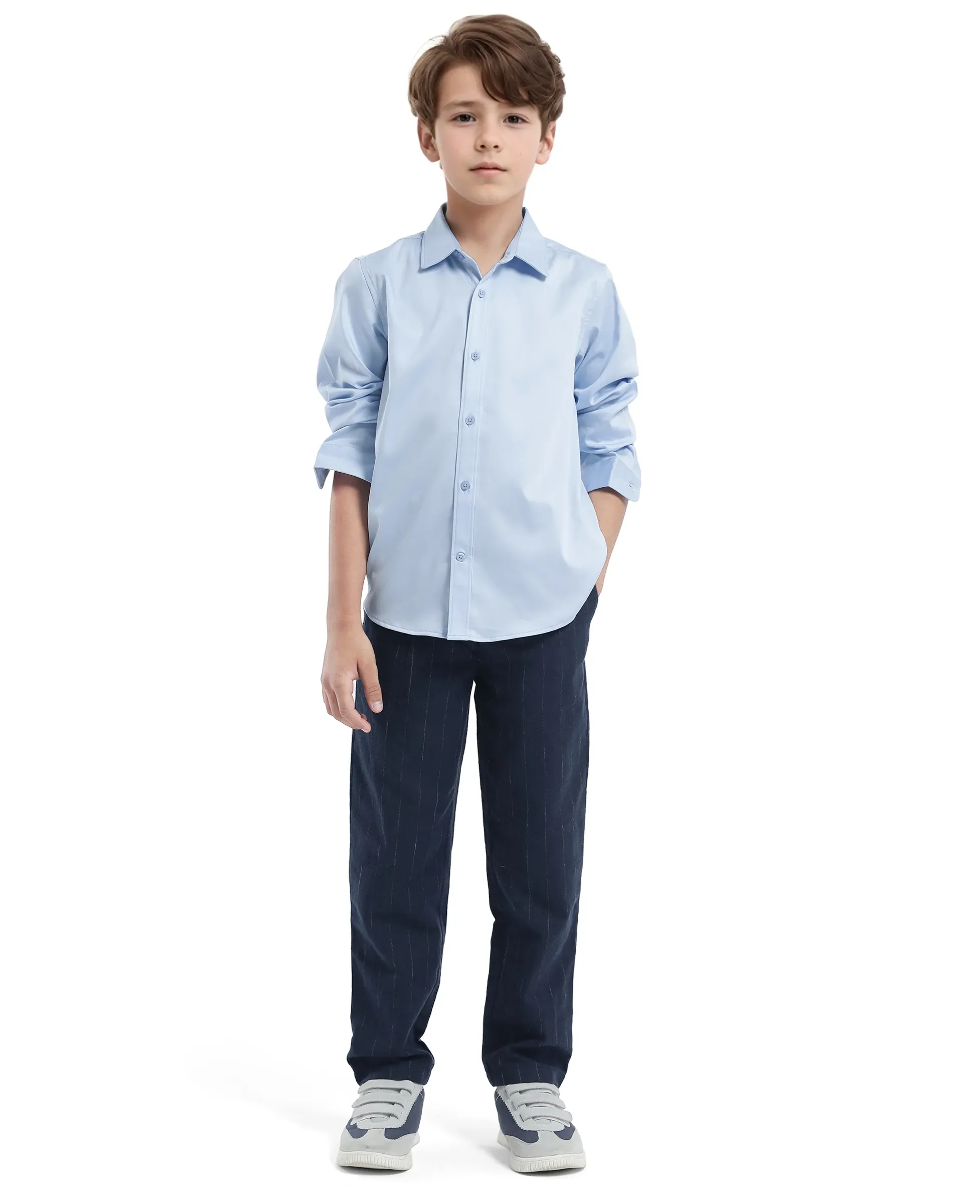 Rare Ones Kids Holo Light Blue Cotton Blend Full Sleeve Button Solid Regular Fit Shirt - Image 2