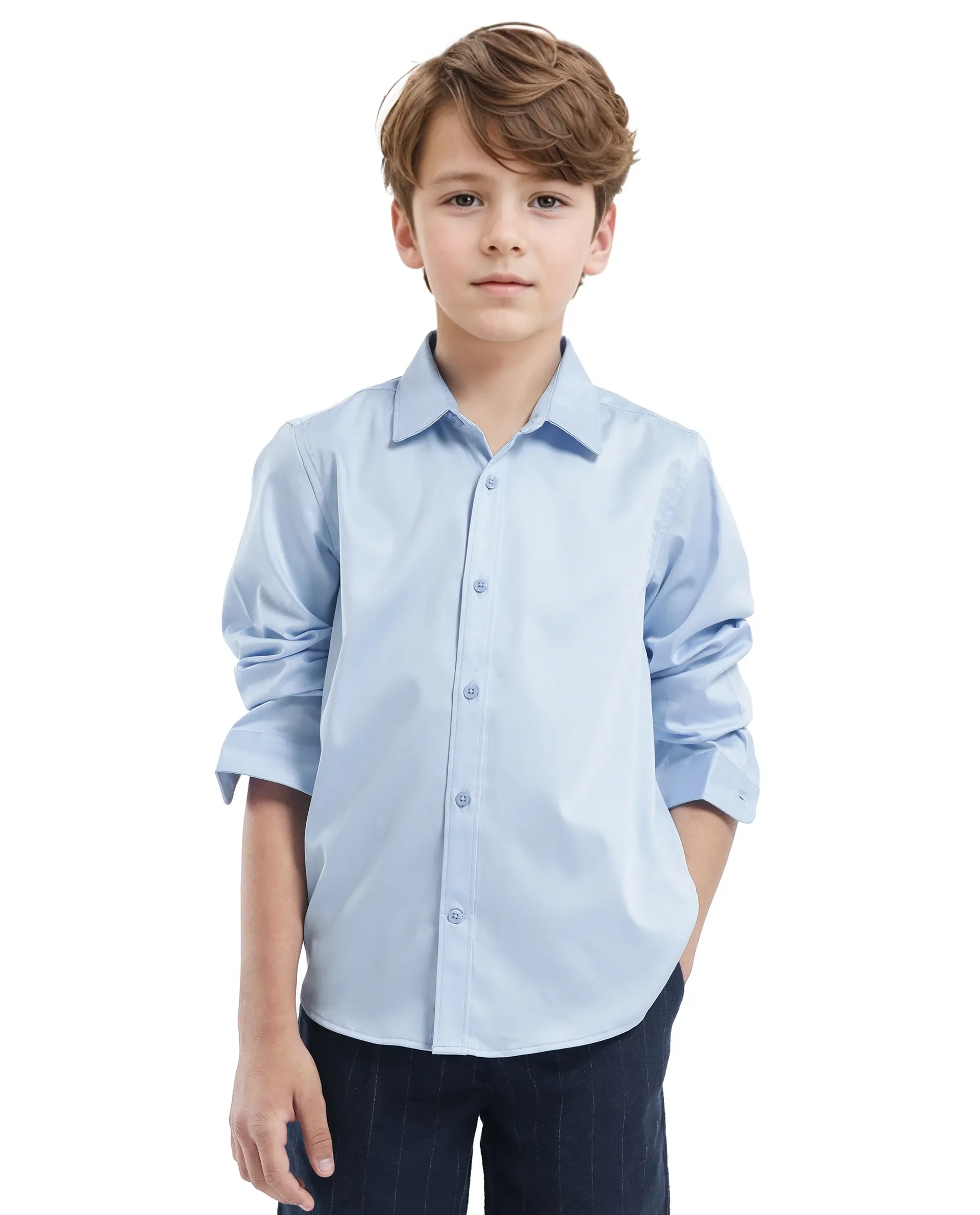 Rare Ones Kids Holo Light Blue Cotton Blend Full Sleeve Button Solid Regular Fit Shirt - Image 5