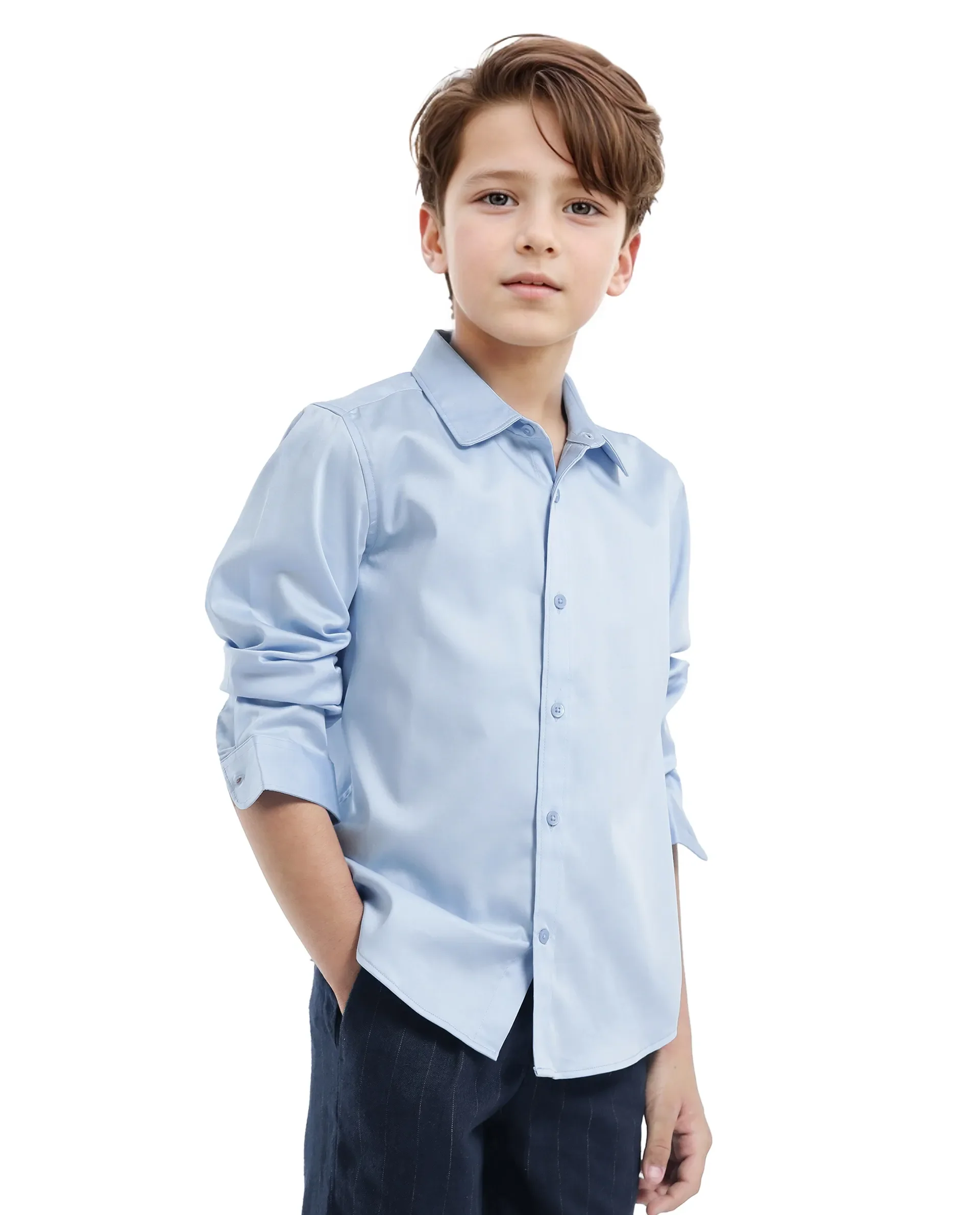 Rare Ones Kids Holo Light Blue Cotton Blend Full Sleeve Button Solid Regular Fit Shirt - Image 6