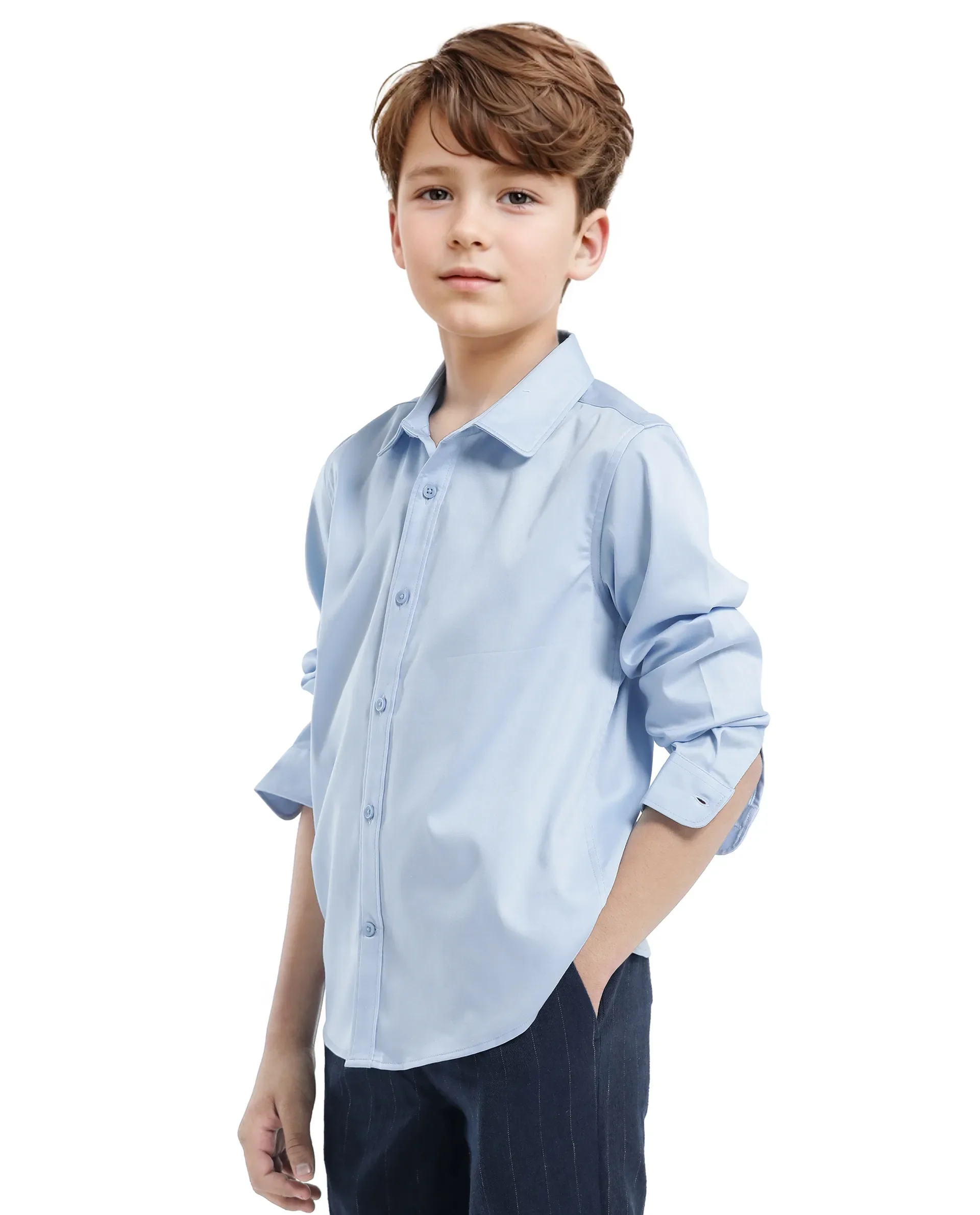 Rare Ones Kids Holo Light Blue Cotton Blend Full Sleeve Button Solid Regular Fit Shirt - Image 7