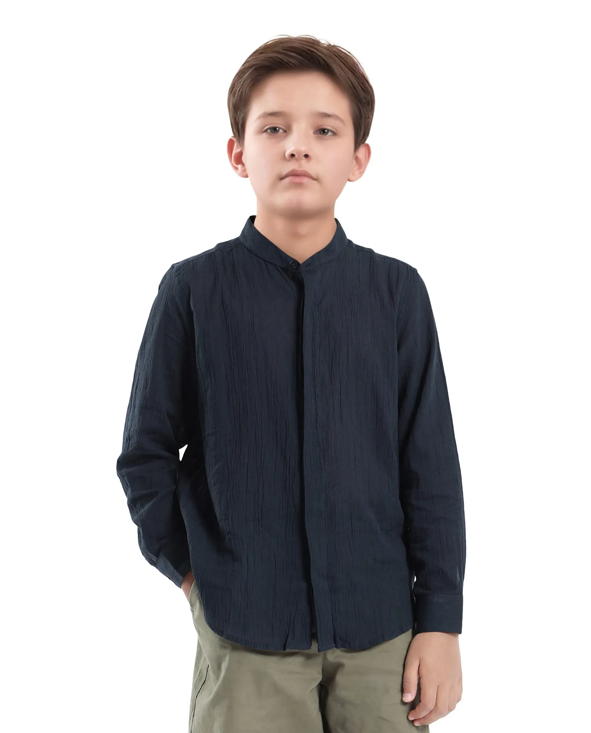 Rare Ones Kids Ines Dark Navy Cotton Long Sleeve Spread Collar Solid Shirt - Image 3