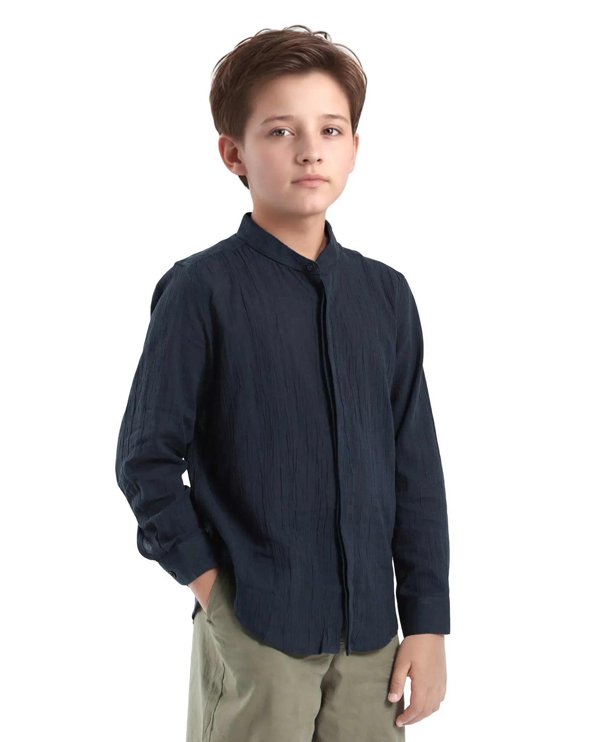 Rare Ones Kids Ines Dark Navy Cotton Long Sleeve Spread Collar Solid Shirt - Image 6