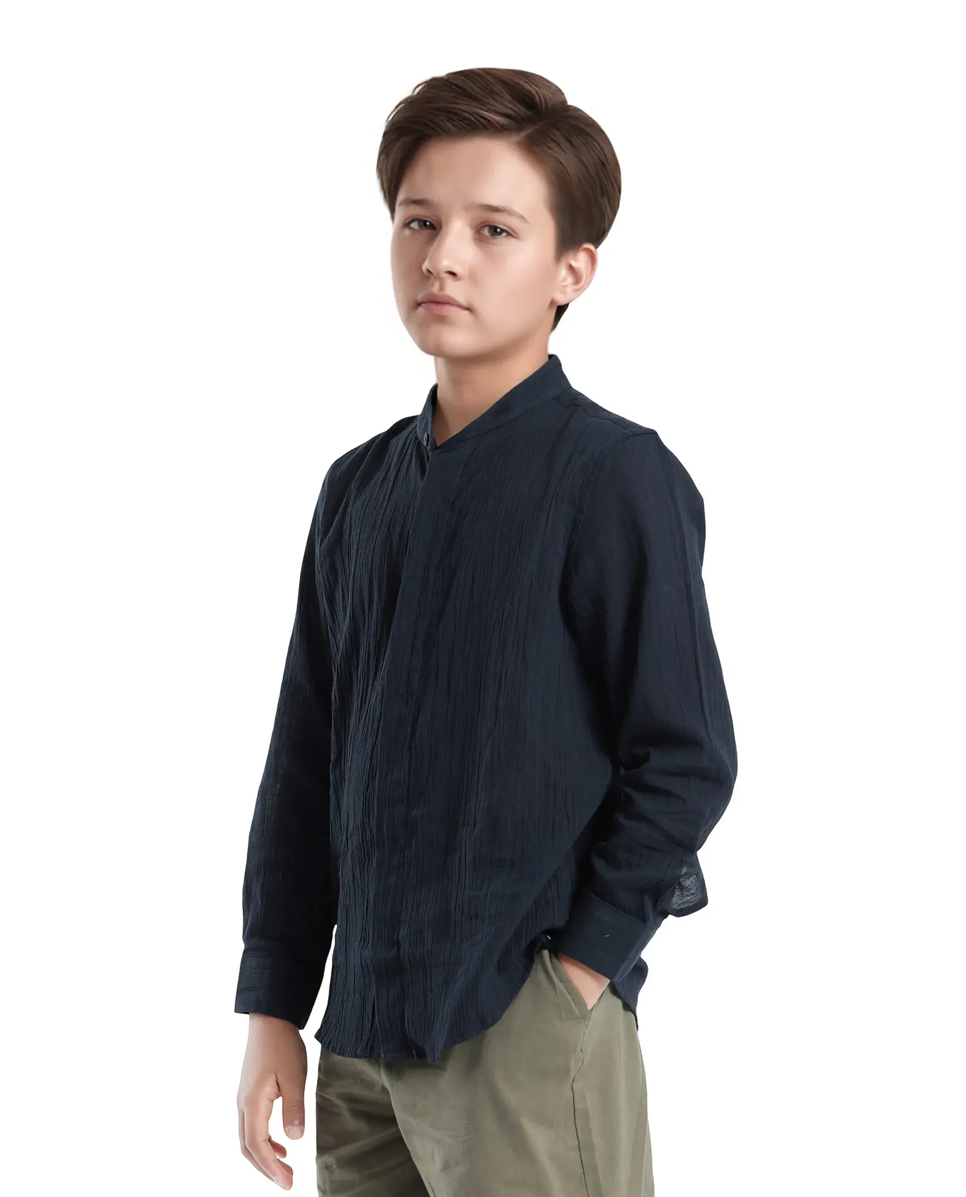 Rare Ones Kids Ines Dark Navy Cotton Long Sleeve Spread Collar Solid Shirt - Image 7
