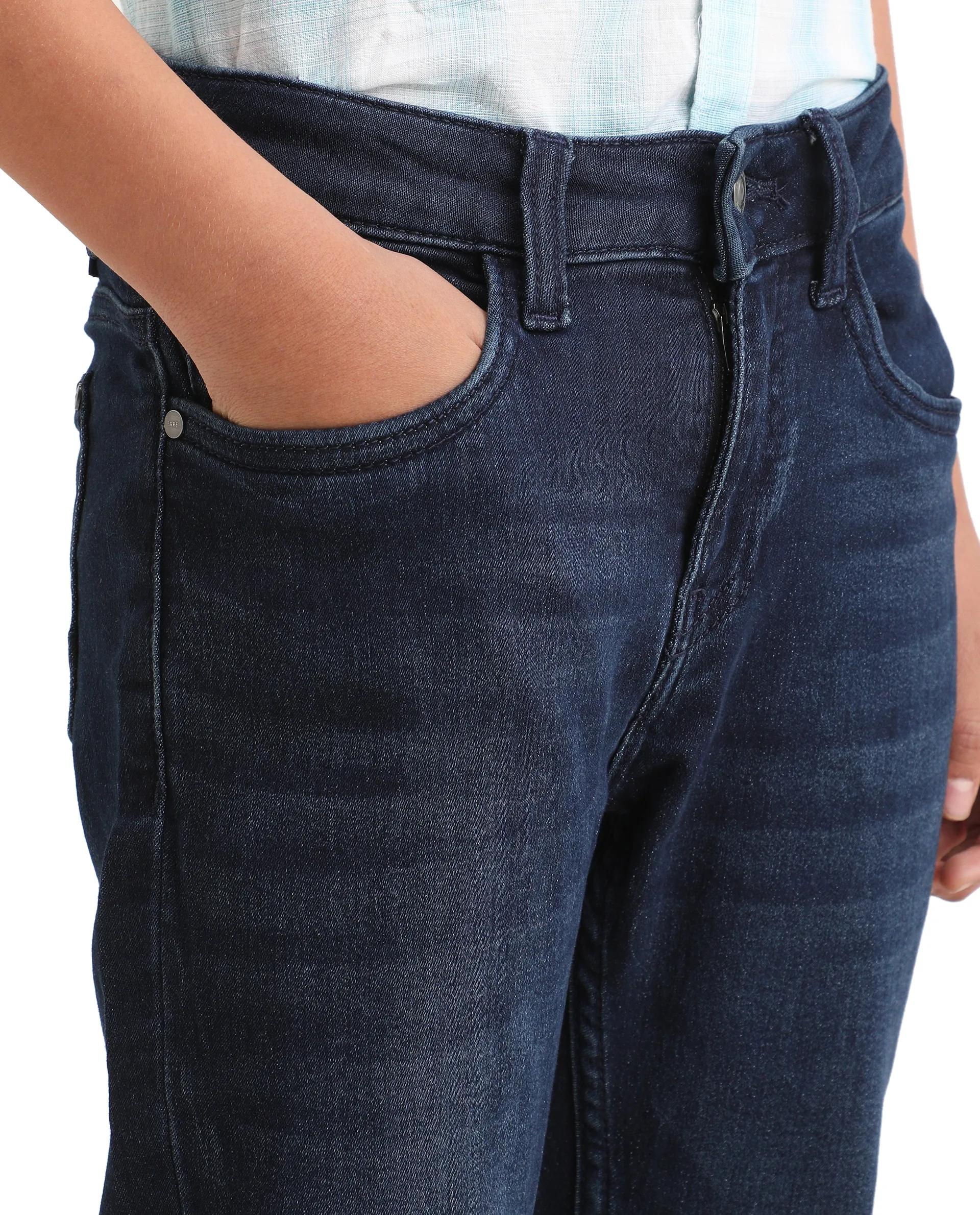 Rare Ones Kids Jace 2 Dark Blue Cotton Solid Button And Zip Closure Slim Fit Jeans - Image 3