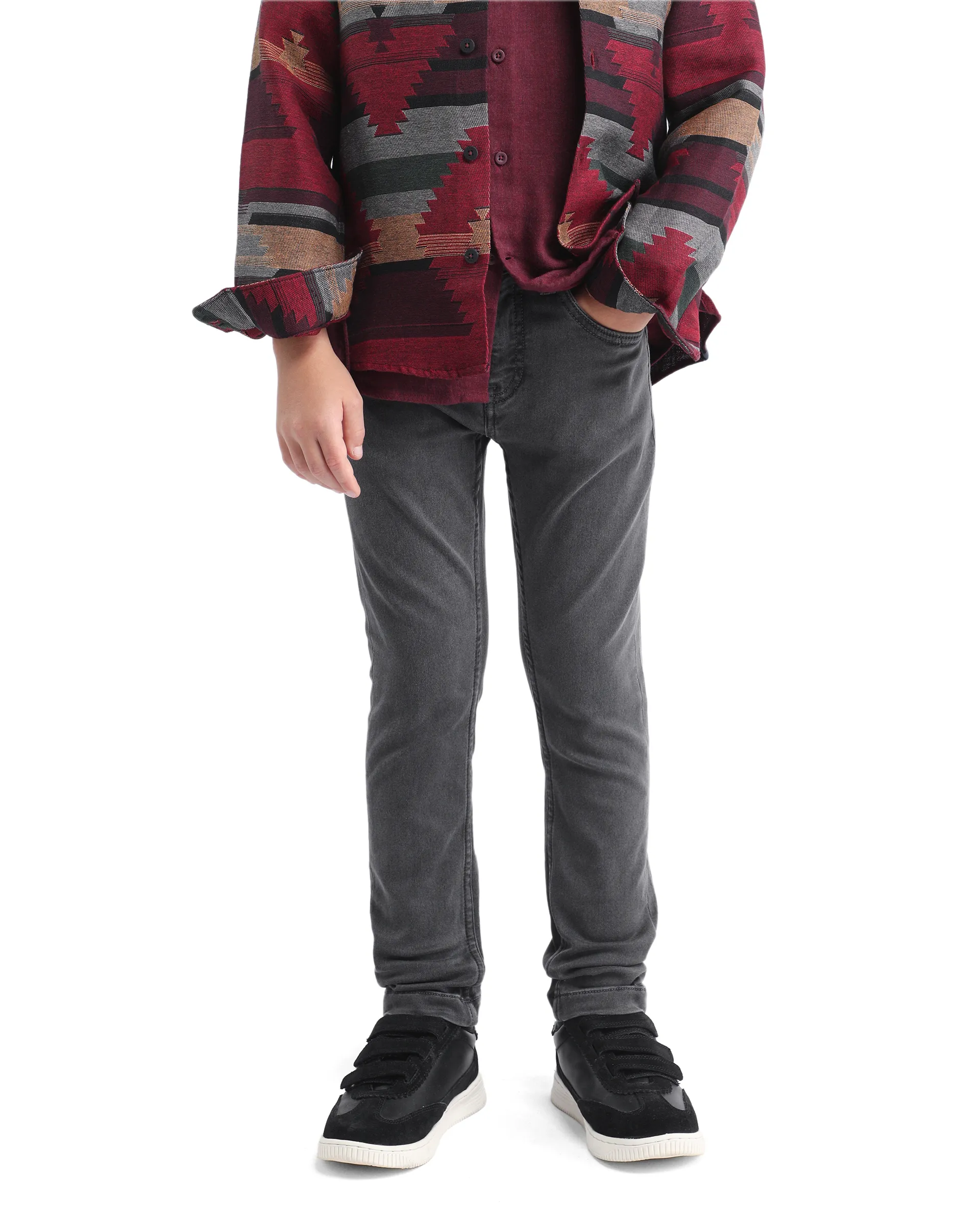 Rare Ones Kids Jace-K Grey Cotton Solid Button Closure Slim Fit Fit Denim Pant - Image 2