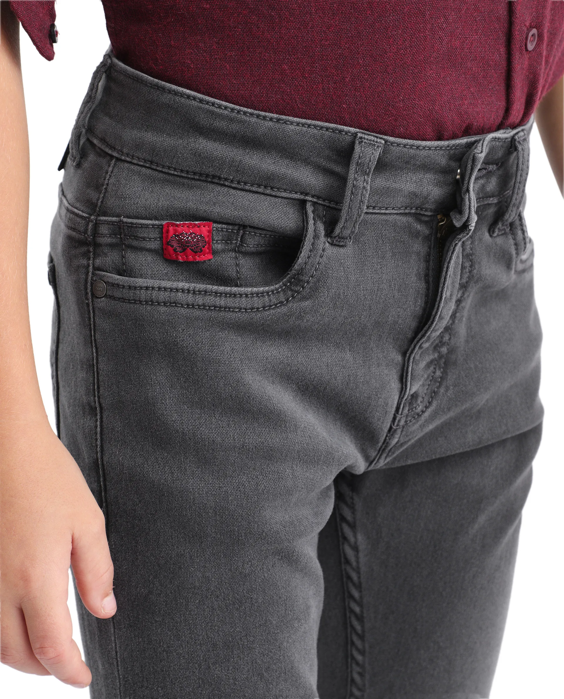 Rare Ones Kids Jace-K Grey Cotton Solid Button Closure Slim Fit Fit Denim Pant - Image 4