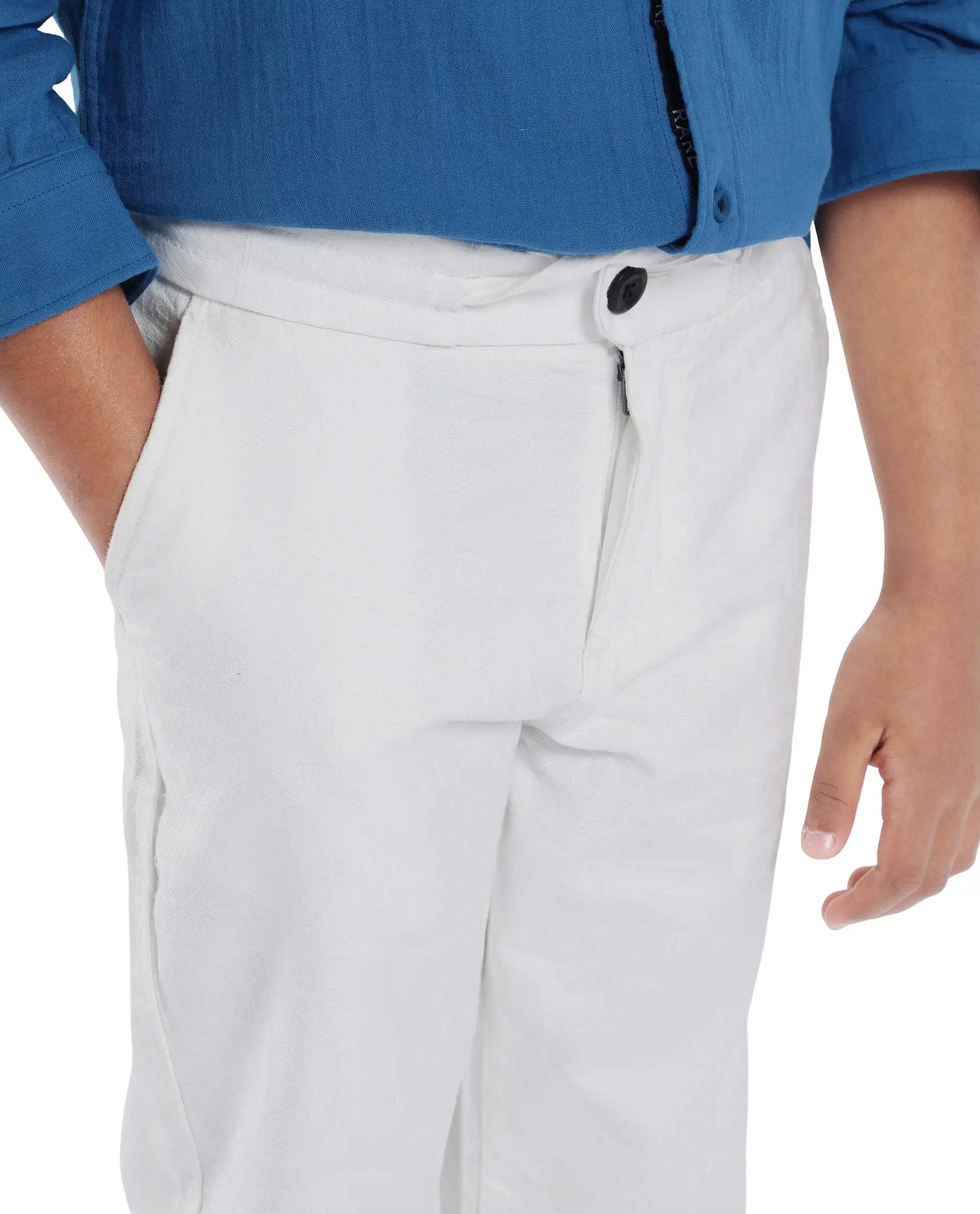Rare Ones Kids Jack Off White Cotton Plain Button & Zip & Drawstring Closure Regular Fit Trouser - Image 3