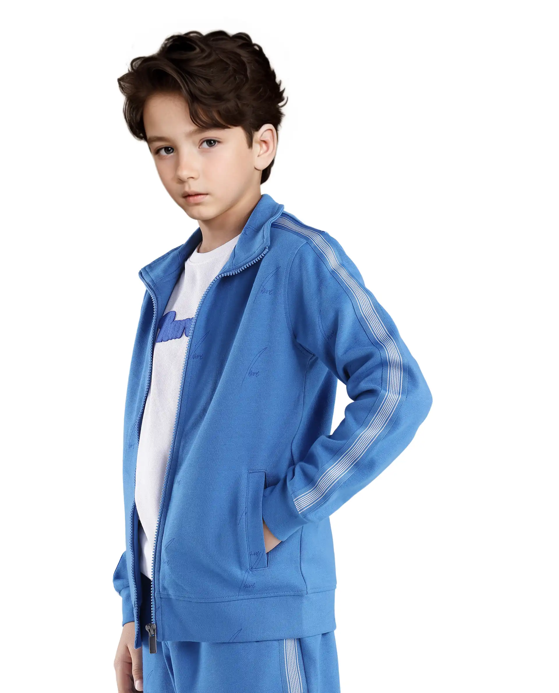 Rare Ones Kids Jacksign Blue Cotton Full Sleeves High Neck Striped Sleeve Zipper Closure Jelly Print Jacket - Image 5