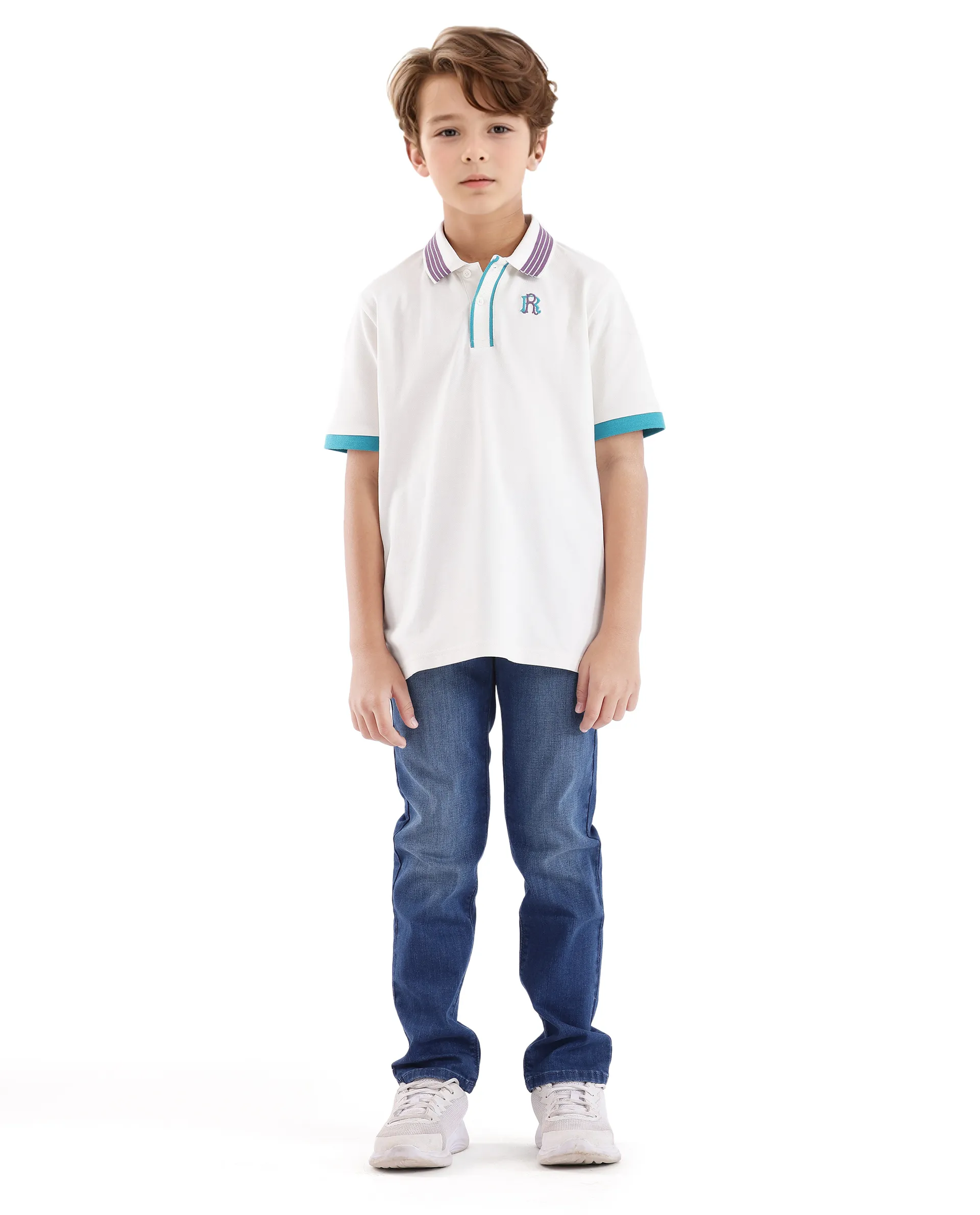 Rare Ones Kids Jef White Cotton Short Sleeve Contrasting Collar Embroidered Polo - Image 2