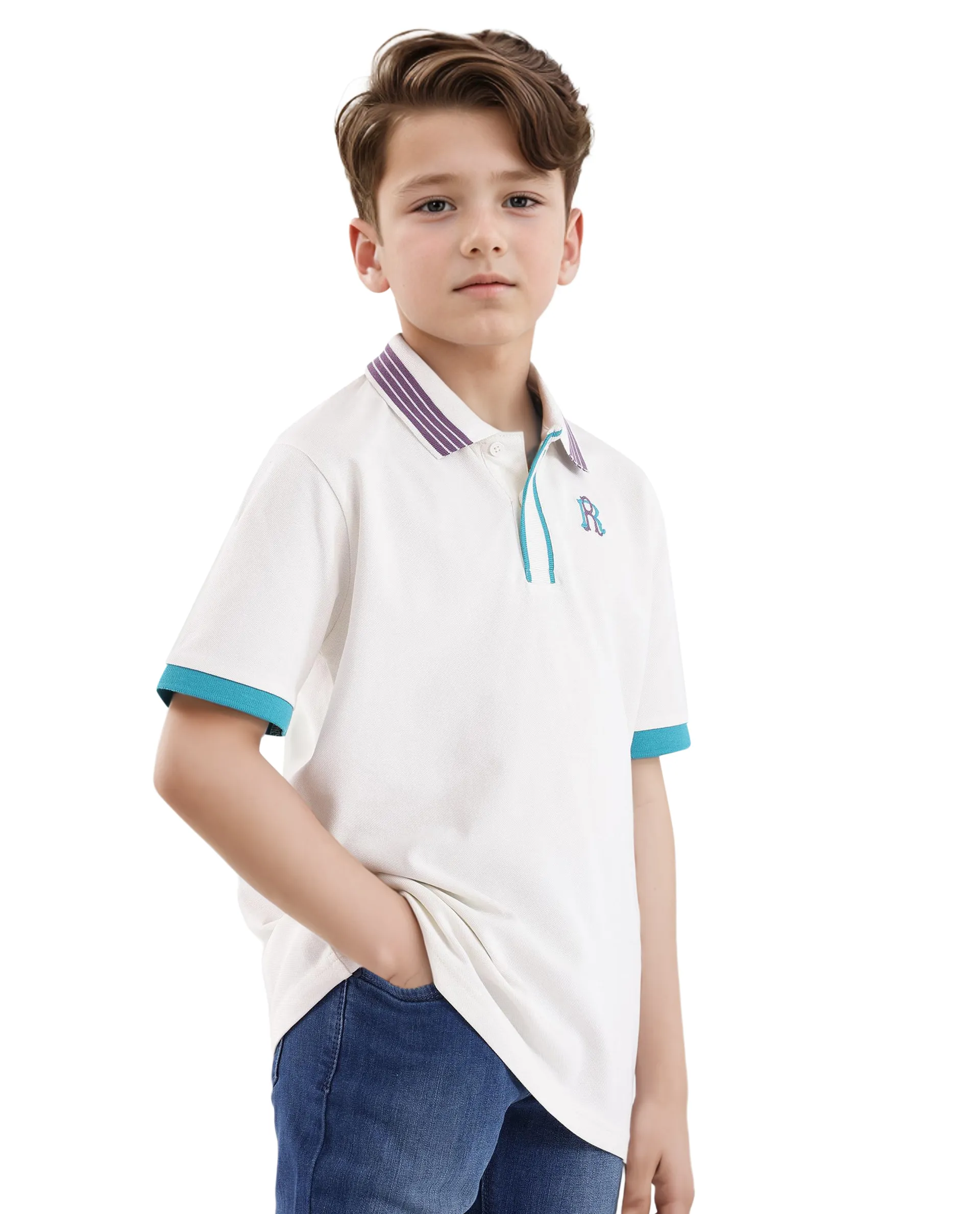 Rare Ones Kids Jef White Cotton Short Sleeve Contrasting Collar Embroidered Polo - Image 5