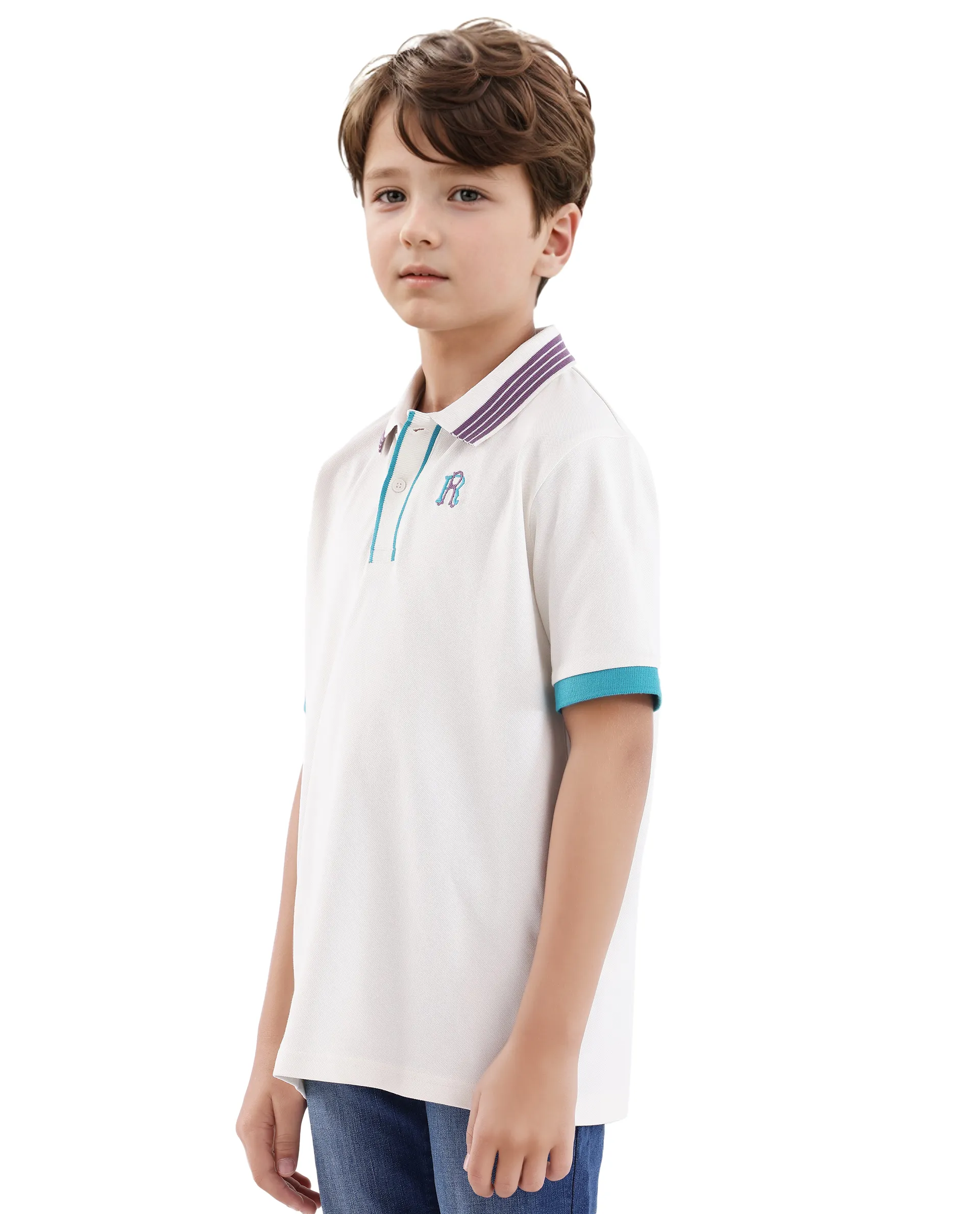 Rare Ones Kids Jef White Cotton Short Sleeve Contrasting Collar Embroidered Polo - Image 6