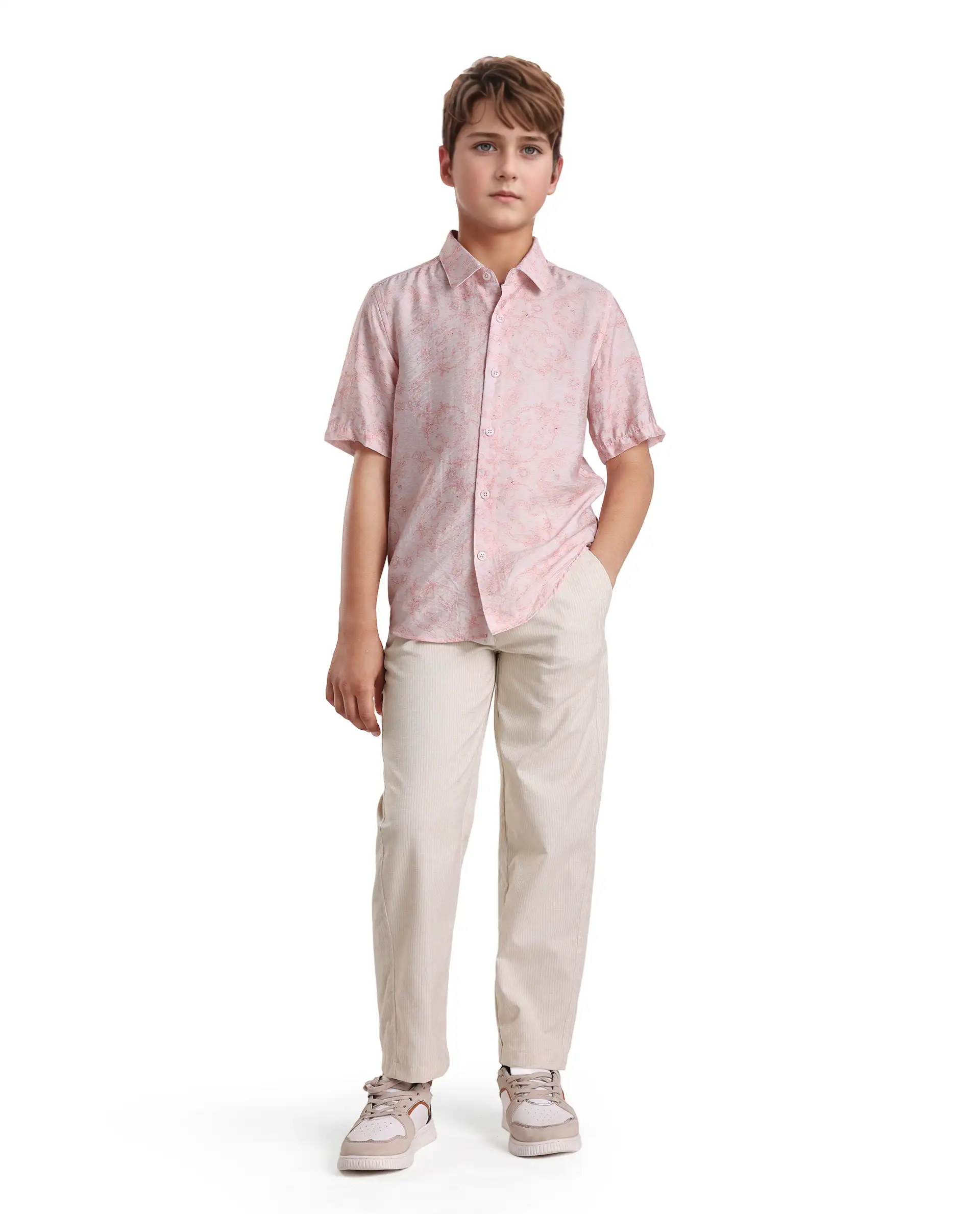 Rare Ones Kids Jin Beige Polyester Striped Button & Zip Closure Regular Fit Trouser - Image 4