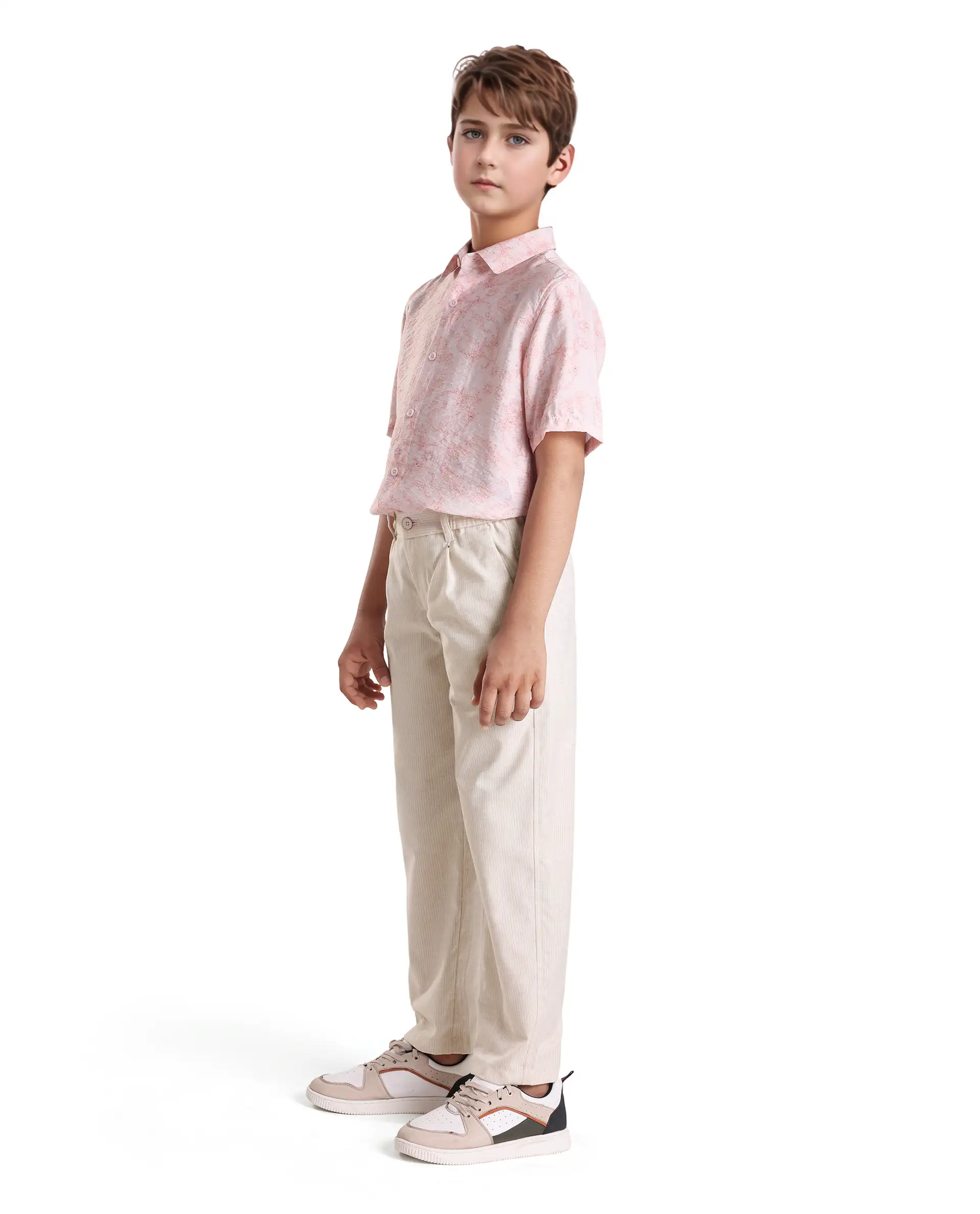 Rare Ones Kids Jin Beige Polyester Striped Button & Zip Closure Regular Fit Trouser - Image 6