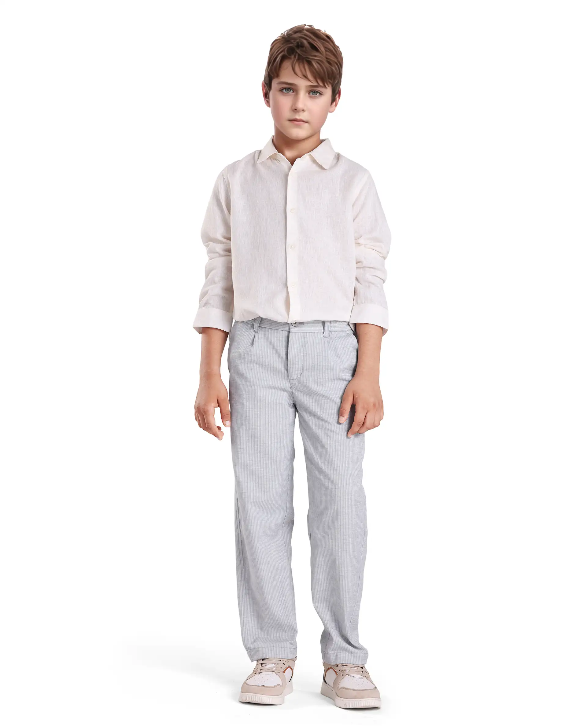 Rare Ones Kids Jin Light Green Polyester Striped Button & Zip Closure Regular Fit Trouser