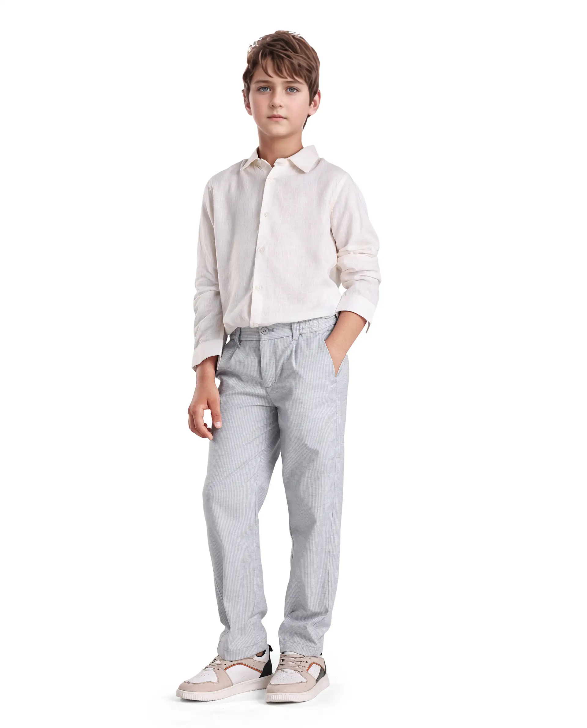 Rare Ones Kids Jin Light Green Polyester Striped Button & Zip Closure Regular Fit Trouser - Image 3