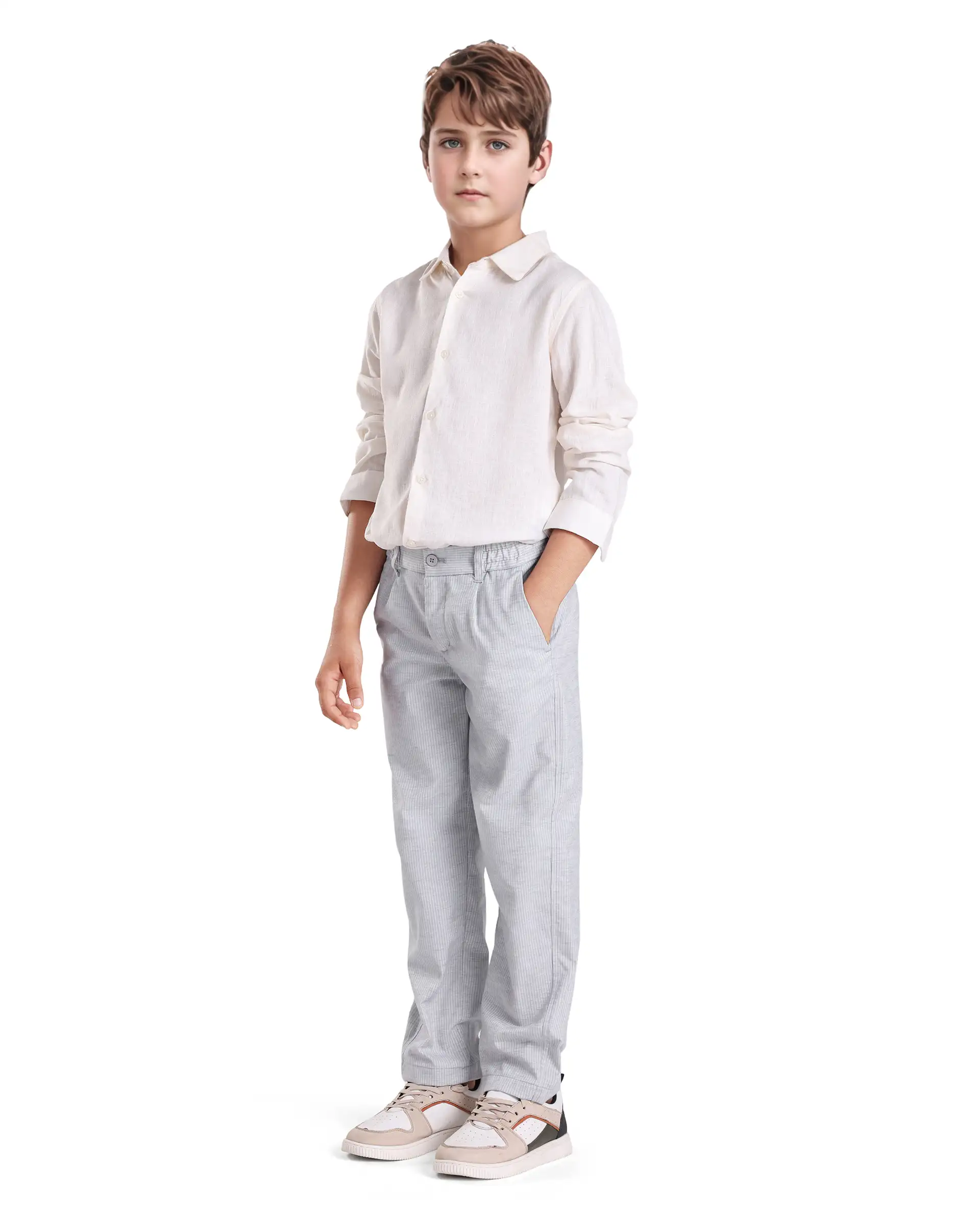 Rare Ones Kids Jin Light Green Polyester Striped Button & Zip Closure Regular Fit Trouser - Image 5