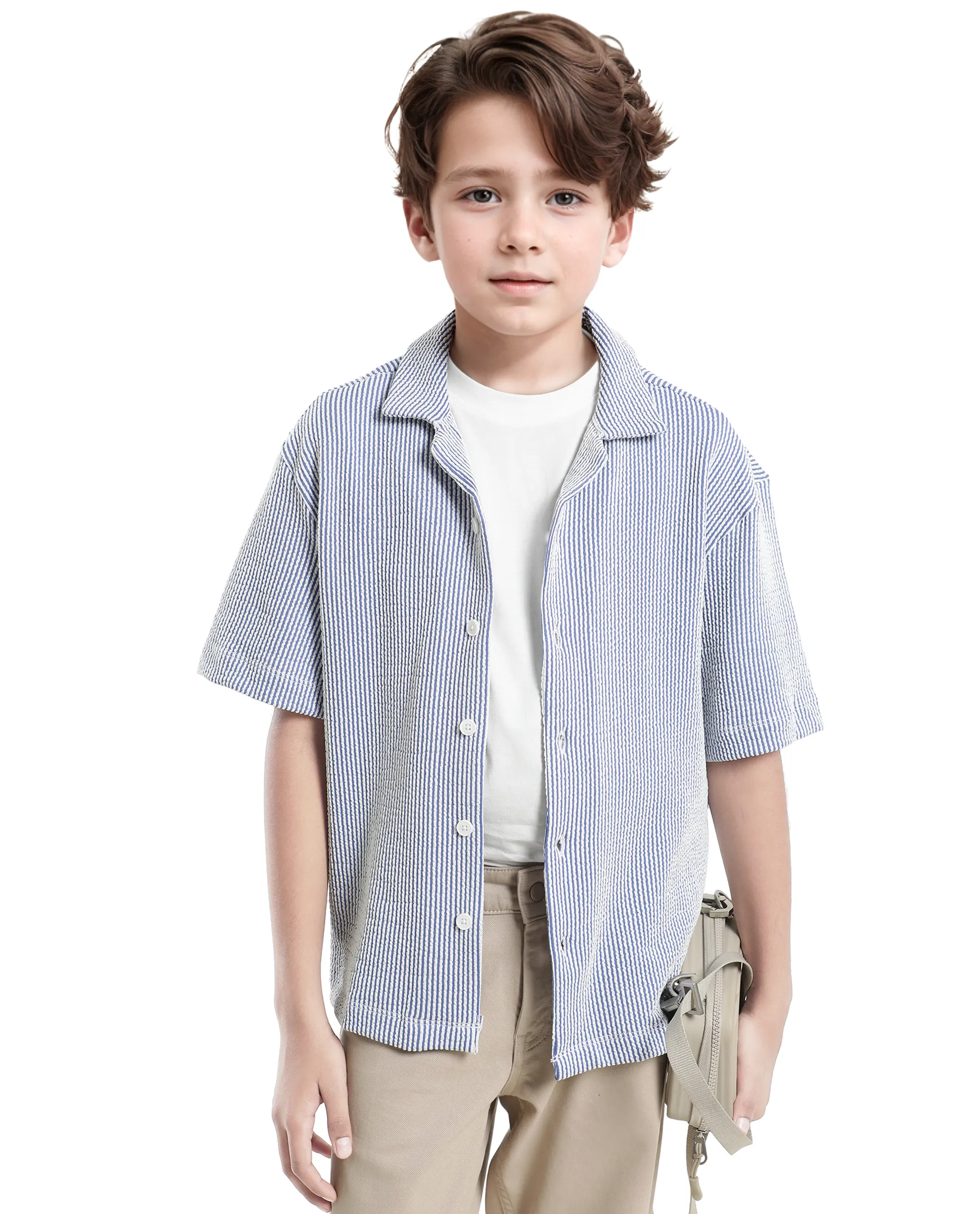Rare Ones Kids John-S Blue Cotton Blend Short Sleeve Solid Regular Shirt - Image 3