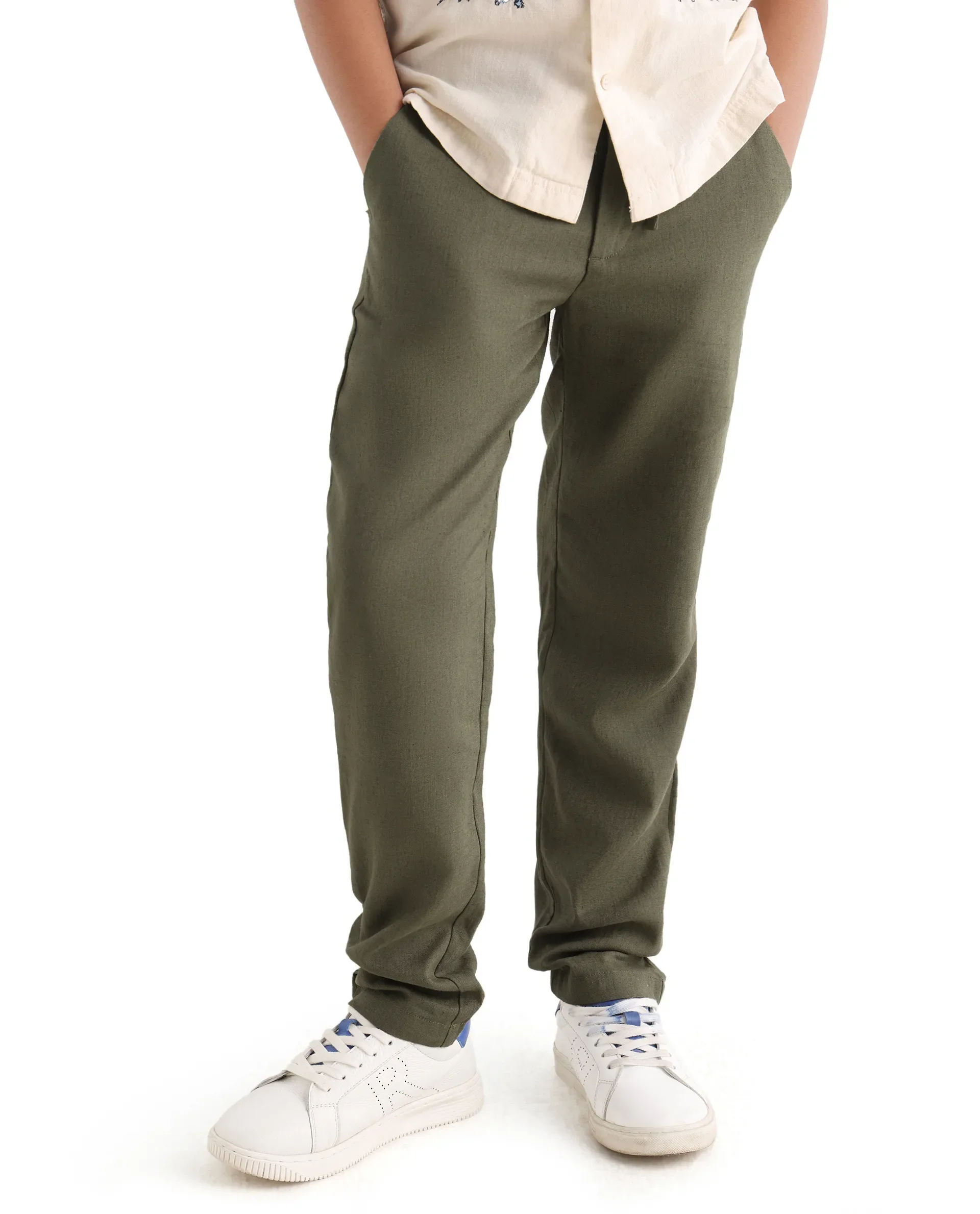 Rare Ones Kids Jomok-B Olive Linen Blend Solid Drawstring Closure Regular Fit Trouser - Image 2