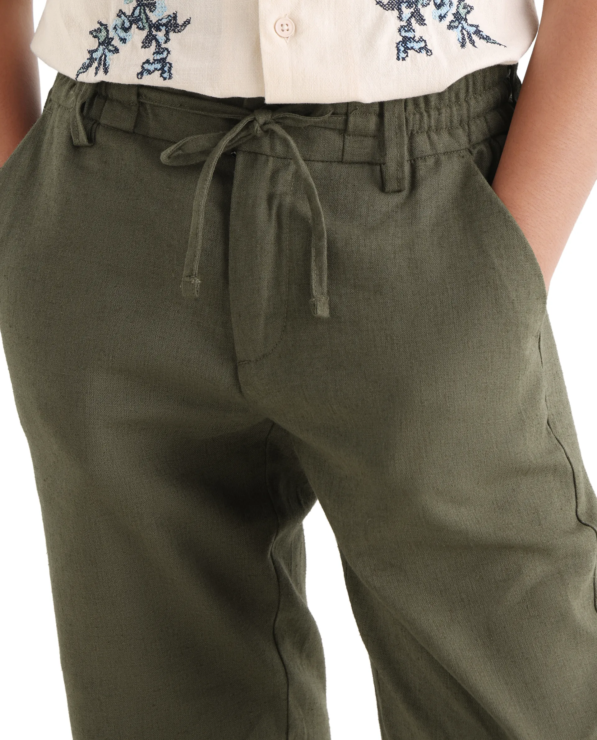 Rare Ones Kids Jomok-B Olive Linen Blend Solid Drawstring Closure Regular Fit Trouser - Image 3