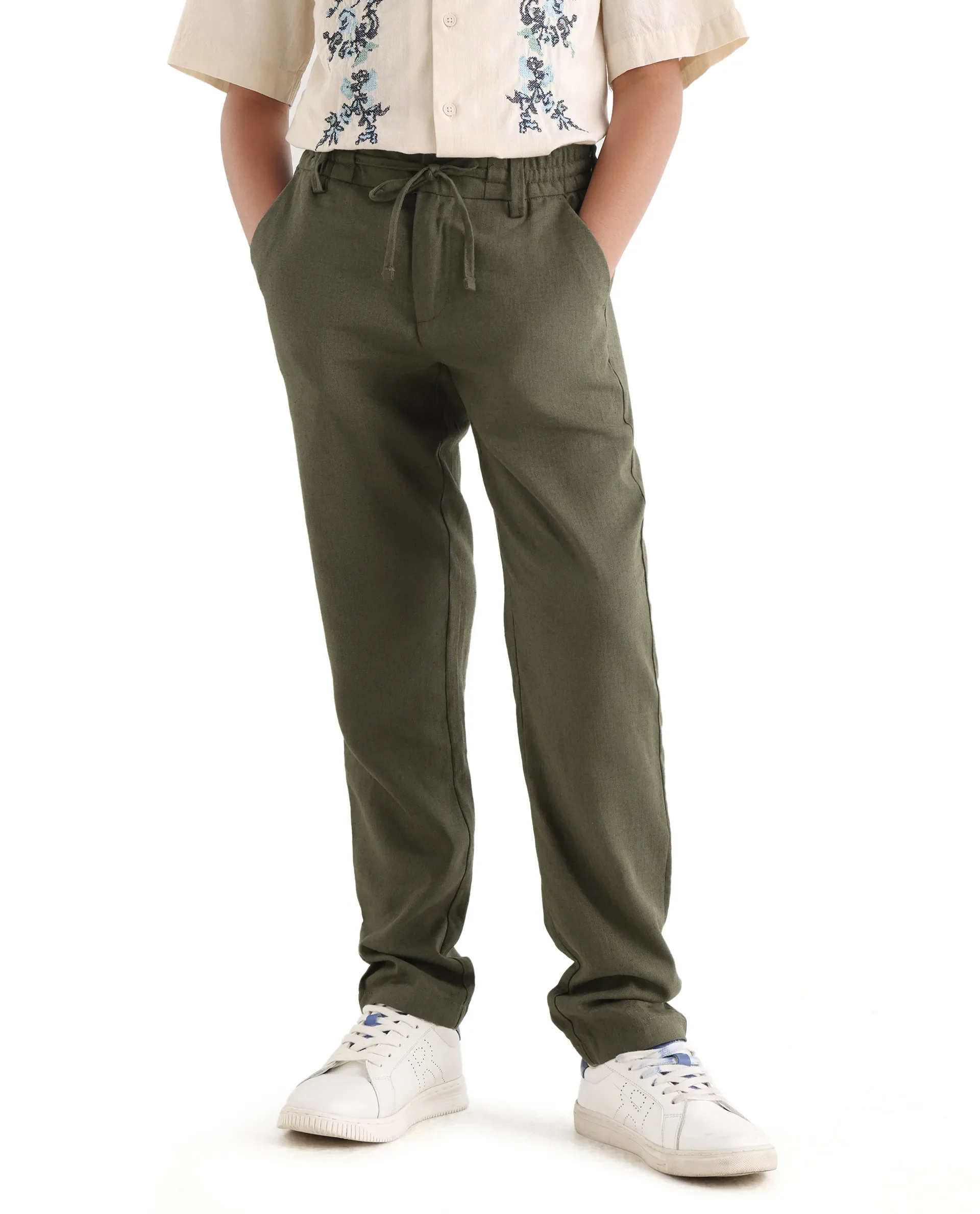Rare Ones Kids Jomok-B Olive Linen Blend Solid Drawstring Closure Regular Fit Trouser - Image 4