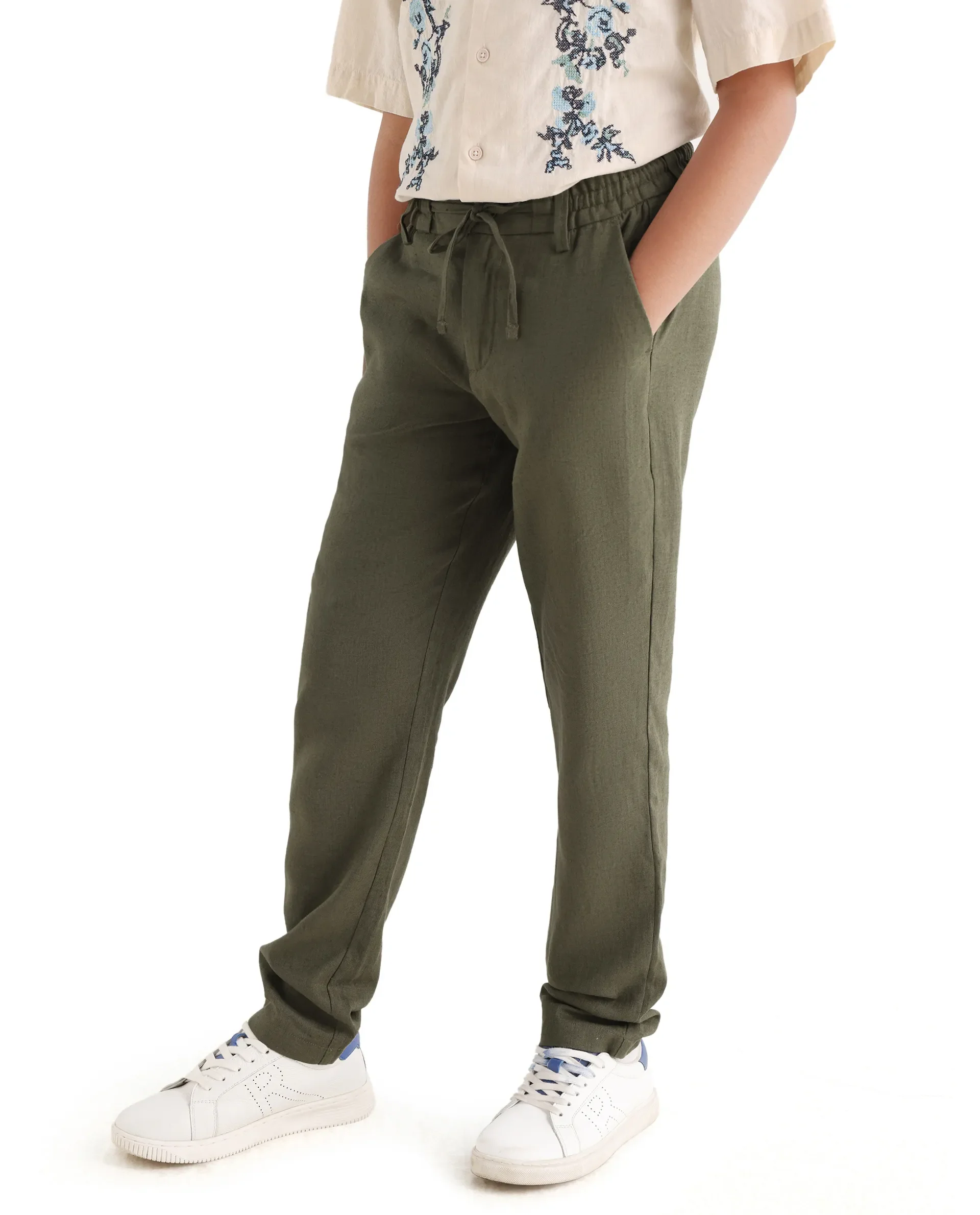 Rare Ones Kids Jomok-B Olive Linen Blend Solid Drawstring Closure Regular Fit Trouser - Image 5