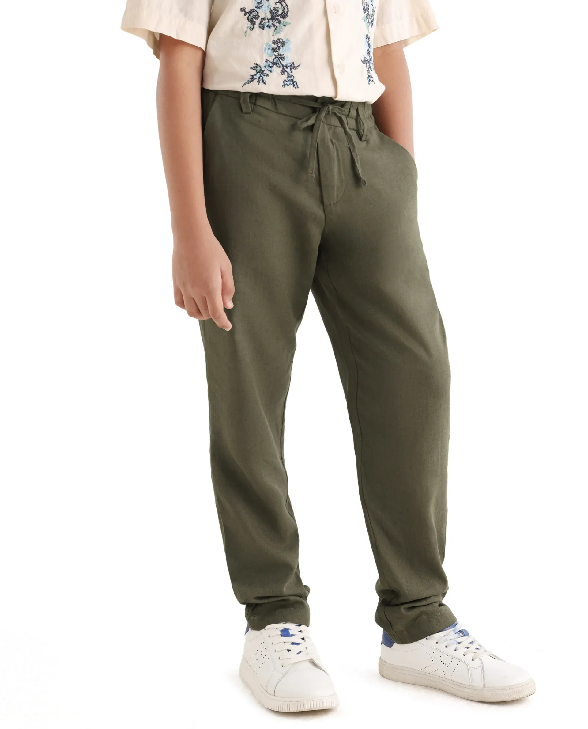 Rare Ones Kids Jomok-B Olive Linen Blend Solid Drawstring Closure Regular Fit Trouser - Image 6