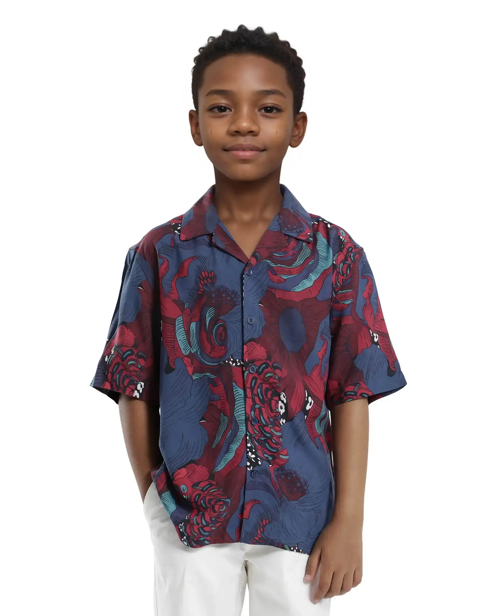 Rare Ones Kids Junf Blue Viscose Half Sleeve Button Printed Regular Fit Shirt - Image 5