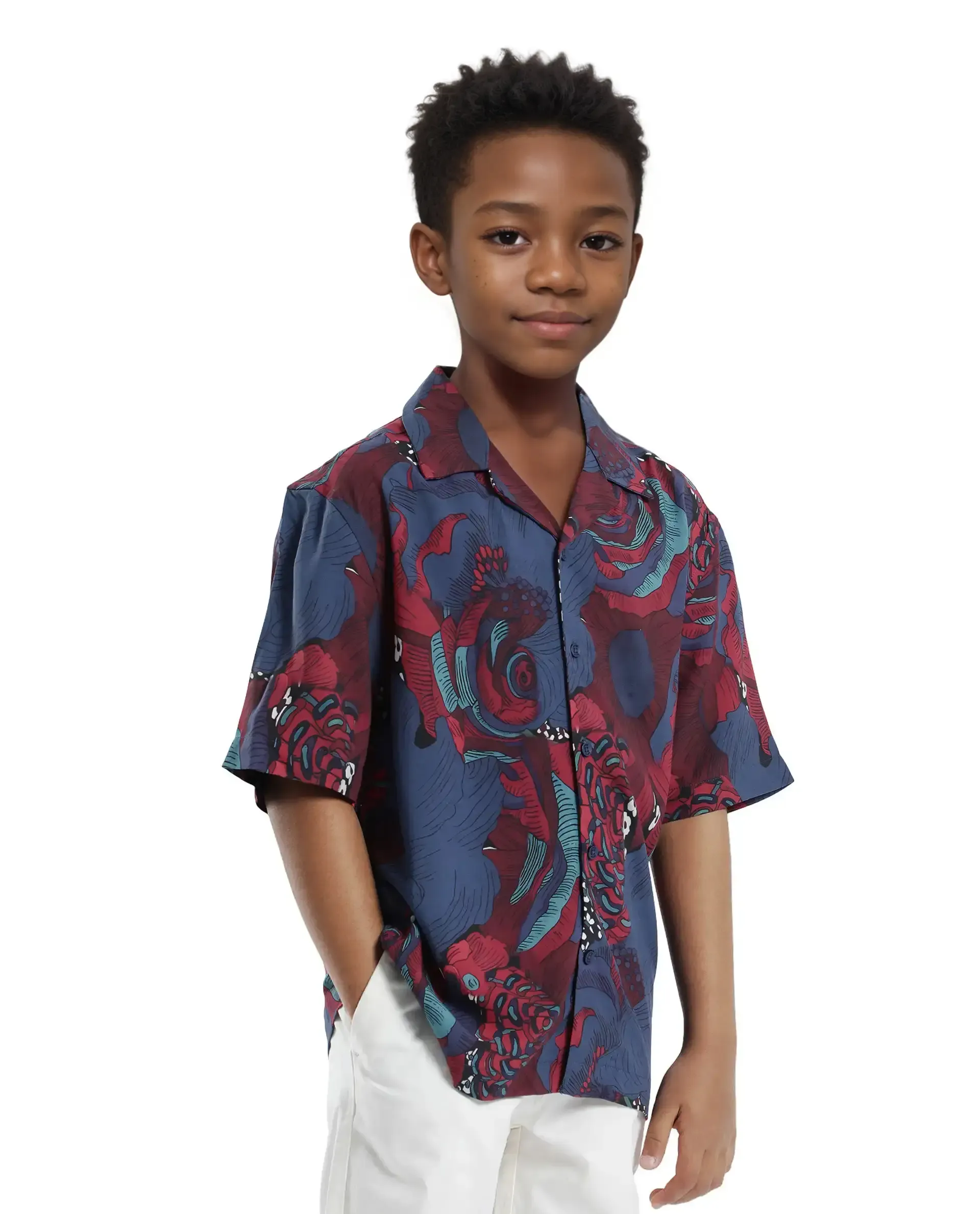 Rare Ones Kids Junf Blue Viscose Half Sleeve Button Printed Regular Fit Shirt - Image 6