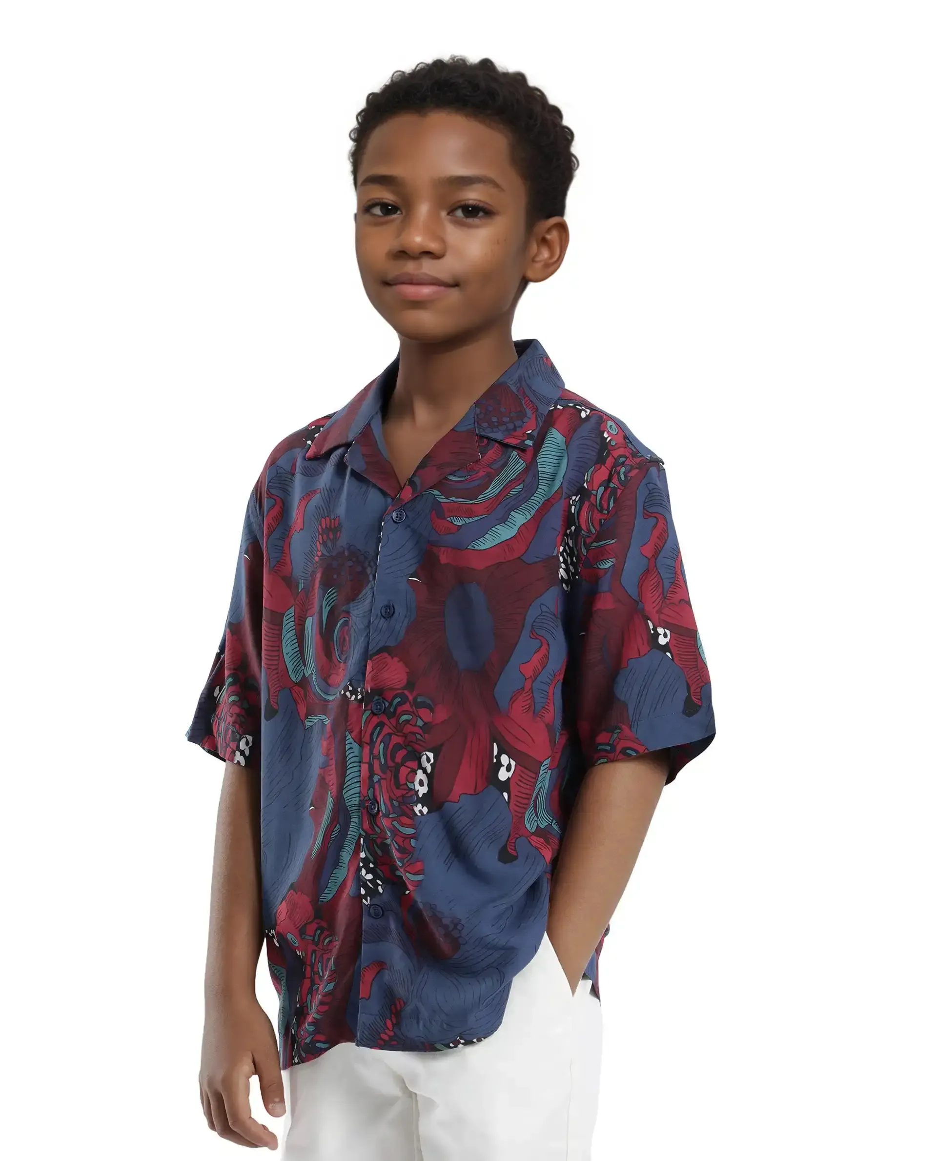 Rare Ones Kids Junf Blue Viscose Half Sleeve Button Printed Regular Fit Shirt - Image 7