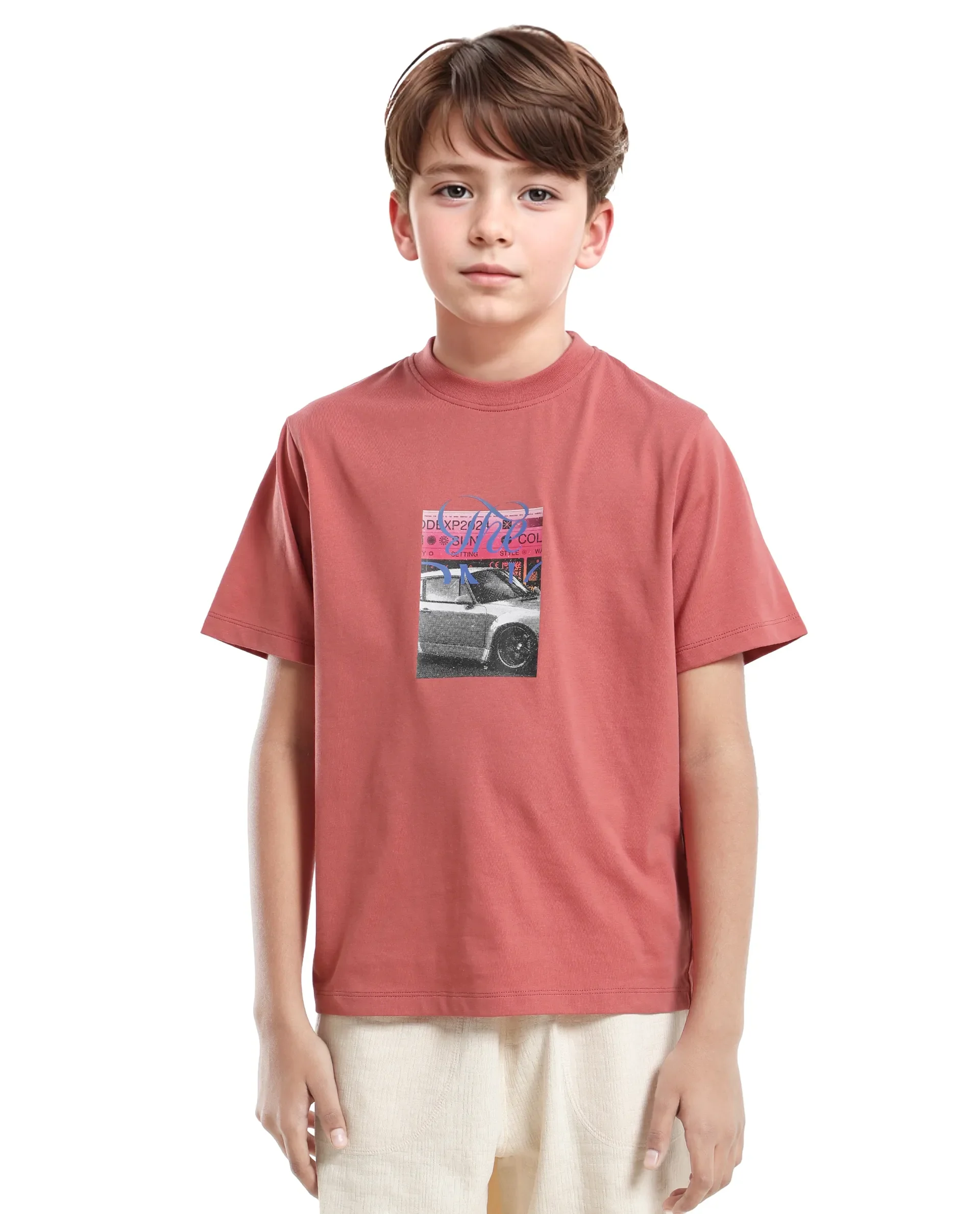 Rare Ones Kids Just-K Light Red Cotton Solid Slip-On Regular Fit T-Shirt - Image 5