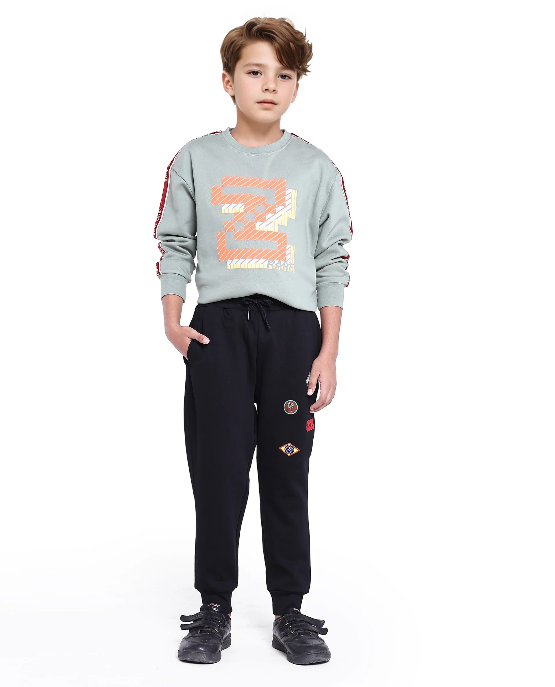Rare Ones Kids Karo Black Cotton Poly Drawstring Applique Trackpant