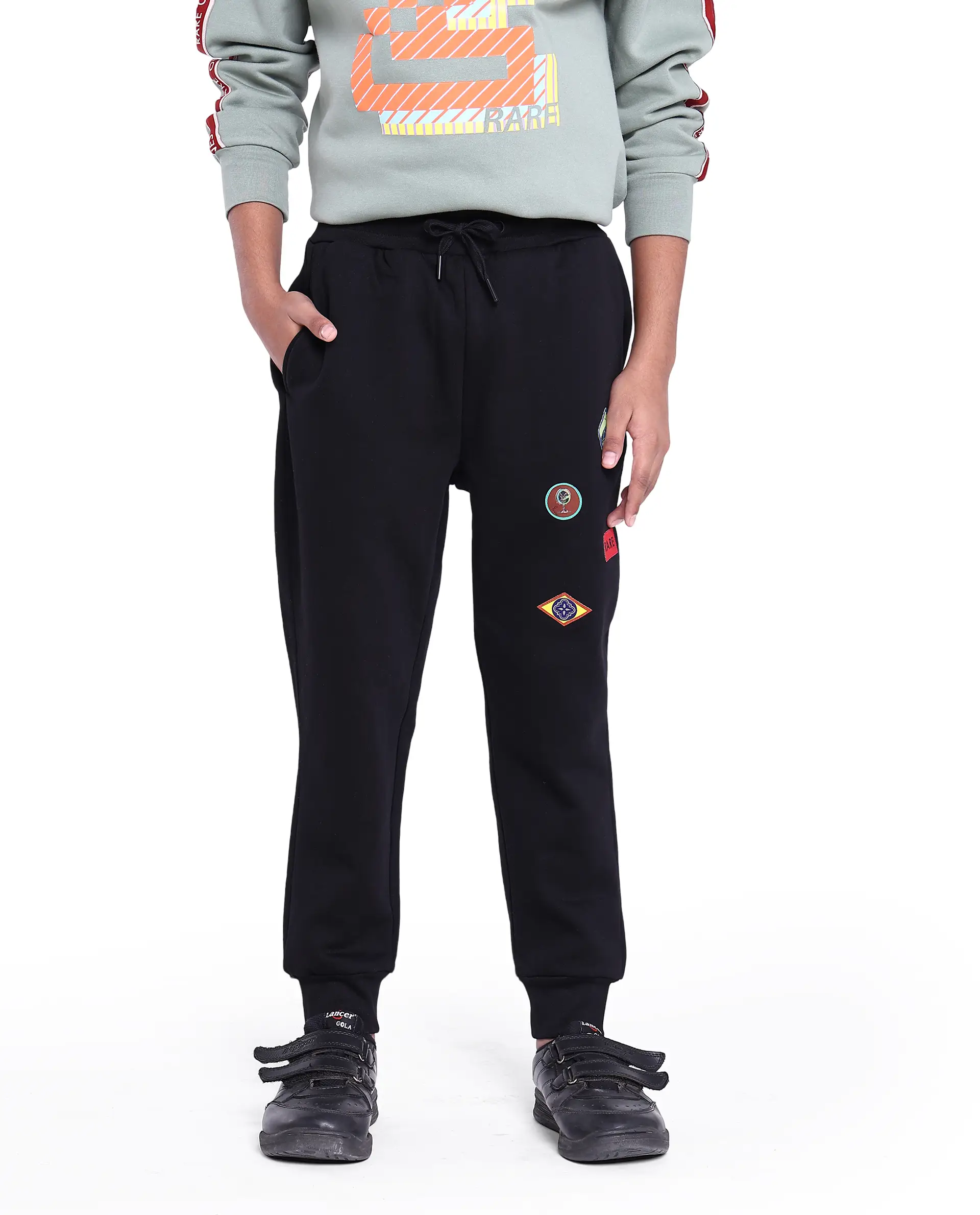 Rare Ones Kids Karo Black Cotton Poly Drawstring Applique Trackpant - Image 2