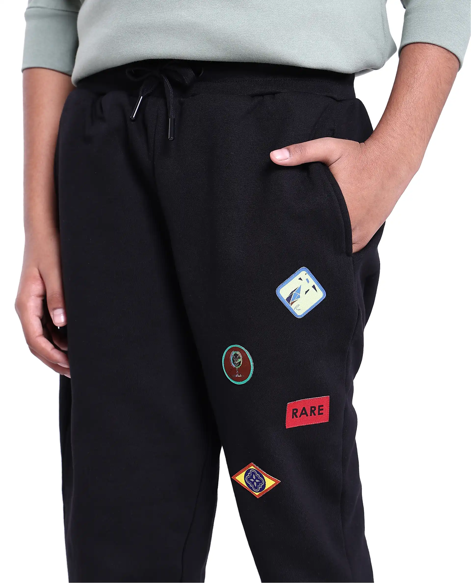Rare Ones Kids Karo Black Cotton Poly Drawstring Applique Trackpant - Image 3