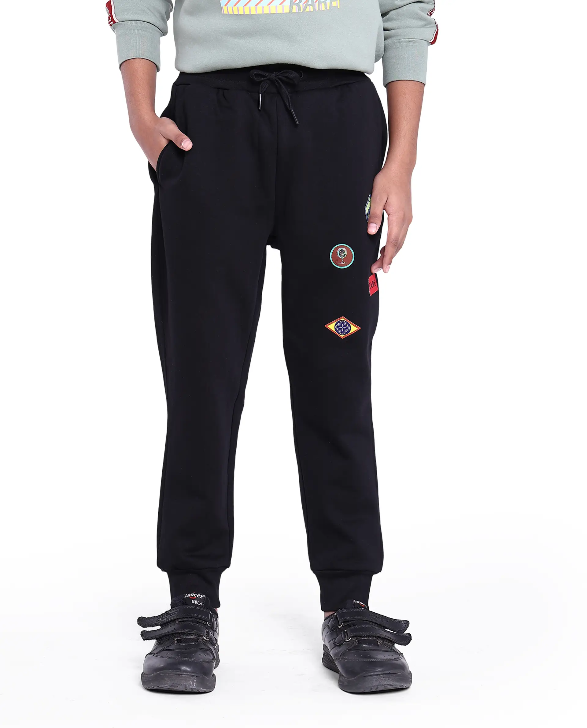 Rare Ones Kids Karo Black Cotton Poly Drawstring Applique Trackpant - Image 4